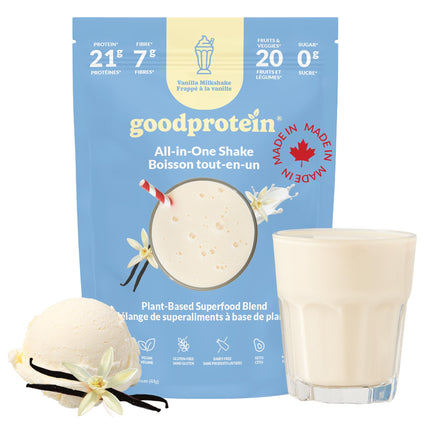 Good Protein Vegan Plant-based Protein Powder 100% Natural, Non-GMO, Dairy-free, Gluten-free, Soy-free, No Added Sugar and Nothing Artificial. Vanilla Milkshake All-in-One Shake 880 grams 🍁 All In One Marketplace Canada