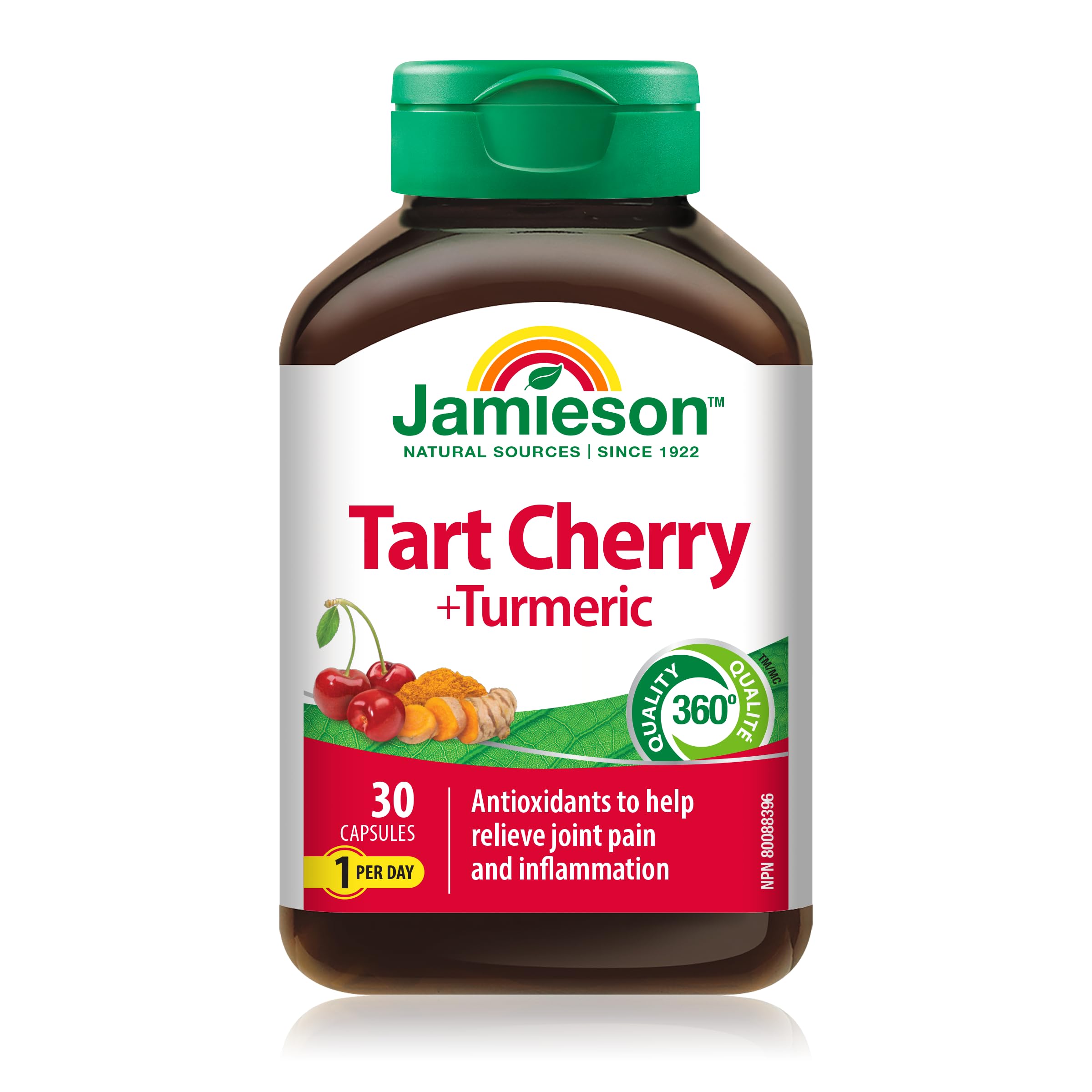Jamieson Turmeric 100 mg with Tart Cherry 500 mg, Provides Natural Joint Pain Relief, Supports Inflammation, and Helps with Digestion. Non-GMO, 30 Vegetarian Capsules, Proudly Canadian 🍁 All In One Marketplace Canada