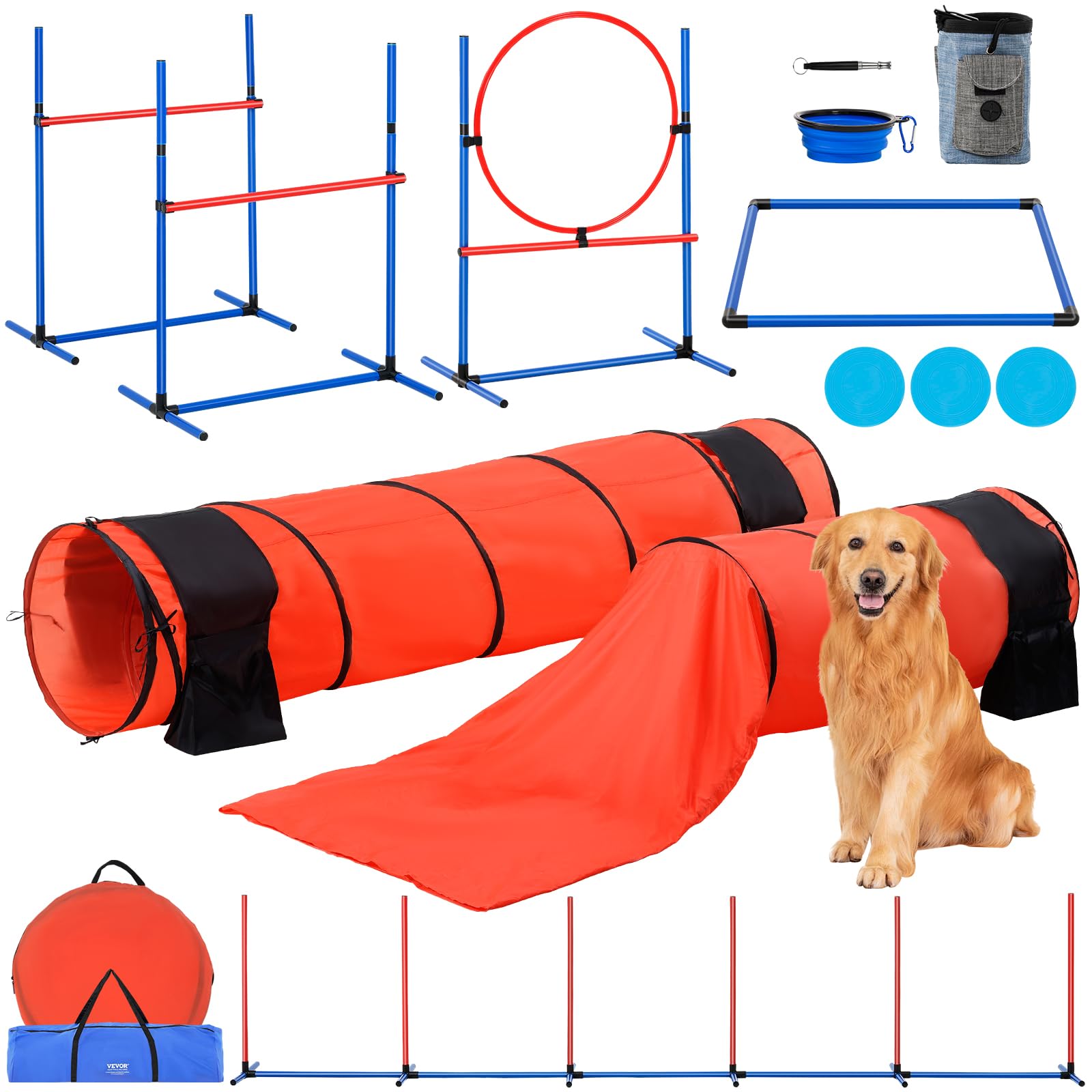 VEVOR Dog Agility Training Equipment, 7 PCS Set Upgrade w/Adjustable High Hurdles,6 Weave Poles,2 Tunnels,Jump Ring,Pause Box, Whistle,Foldable Bowl,Puppy Obstacle Course Kit w/ 3 Bags 🍁 All In One Marketplace Canada