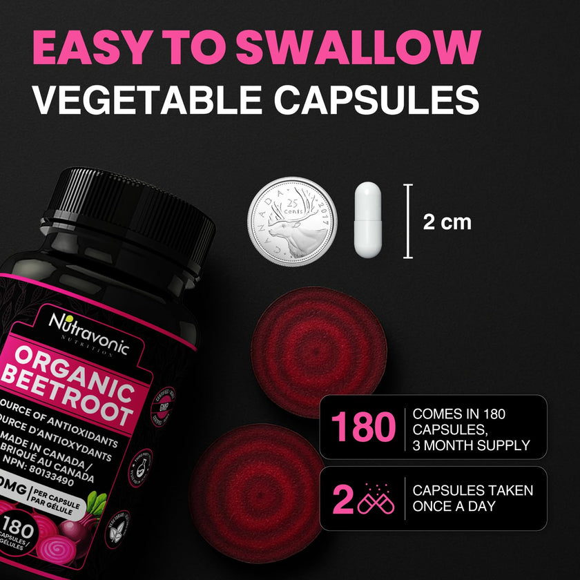 *BONUS SIZE* 180 Capsules of High Potency Organic Beetroot Capsules | 1,400mg per serving (700mg per capsule x2) Canadian Made Beet Root Powder | Antioxidant Support | Support Active Energy Lifestyle | A Natural Super Food | Quality Assured