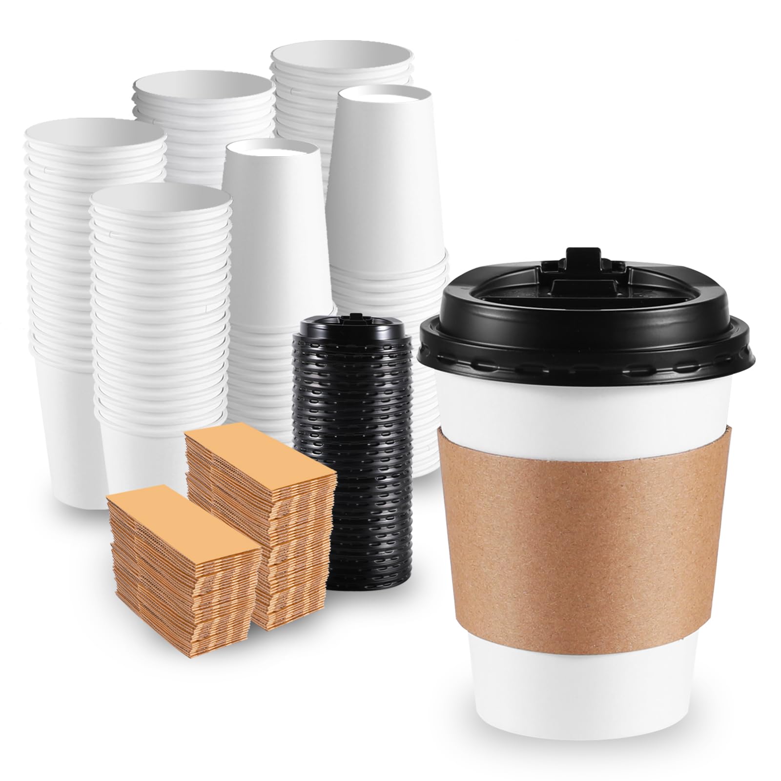 120 Pack Paper Coffee Cups Disposable Paper Party Cups Bulk to Go Hot/Cold Beverage Drinking Cups with Lids, Sleeves, Straws Paper Cups Bundle for Party Travel Home Restaurant Cafe (White, 12 oz) 🍁 All In One Marketplace Canada