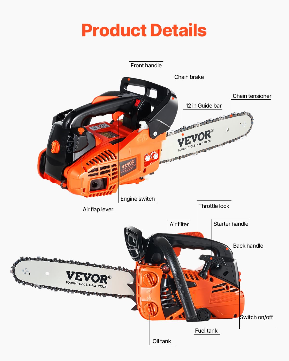 VEVOR Gas Chainsaw, 25.4CC 12