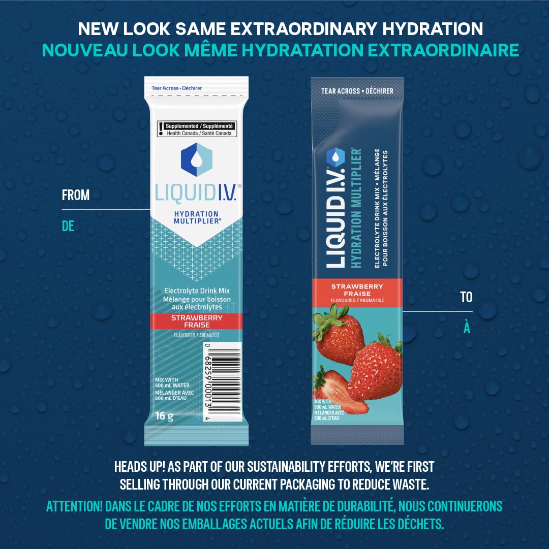 Liquid I.V. Hydration Multiplier Electrolyte Drink Mix - Enhanced Hydration Electrolyte Powder with Vitamins B3, B5, B6, B12 and C -18x On-the-go Sticks for Workout and Travel - Strawberry 🍁 All In One Marketplace Canada