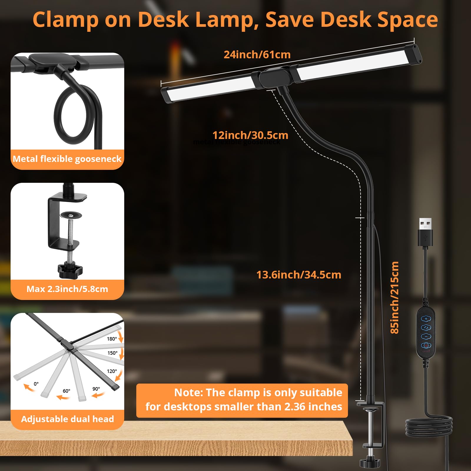 Desk Lamp with Clamp, Eye-Caring Desk Light with 50 Lighting Modes, Wide Double Head, Adjustable Architect Light Flexible Neck, Table lamp for Home Office, Computer, Craft(Includes Adapter) 🍁 All In One Marketplace Canada