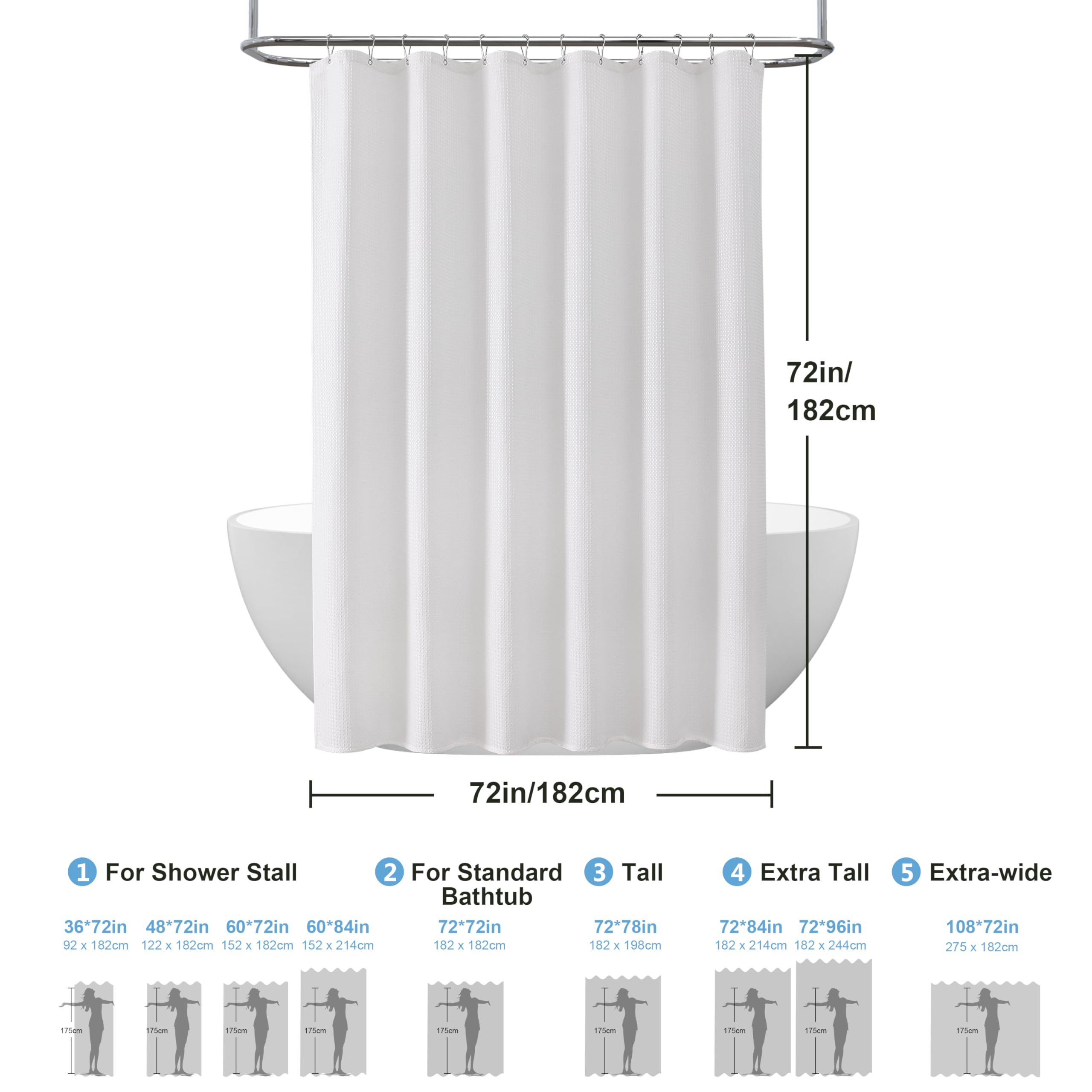 Waffle Weave Shower Curtain with Stainless Steel Hooks - 256 GSM Heavy Duty Fabric Bath Curtains, Hotel Luxury Quality, Water Resistant, Machine Washable, Weighted Hem, 72 x 72 Inches (White) 🍁 All In One Marketplace Canada