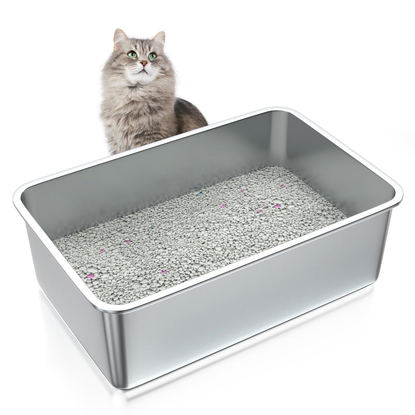ZuHucpts Stainless Steel Cat Litter Box, Large Metal Litter Pan for Cats (20