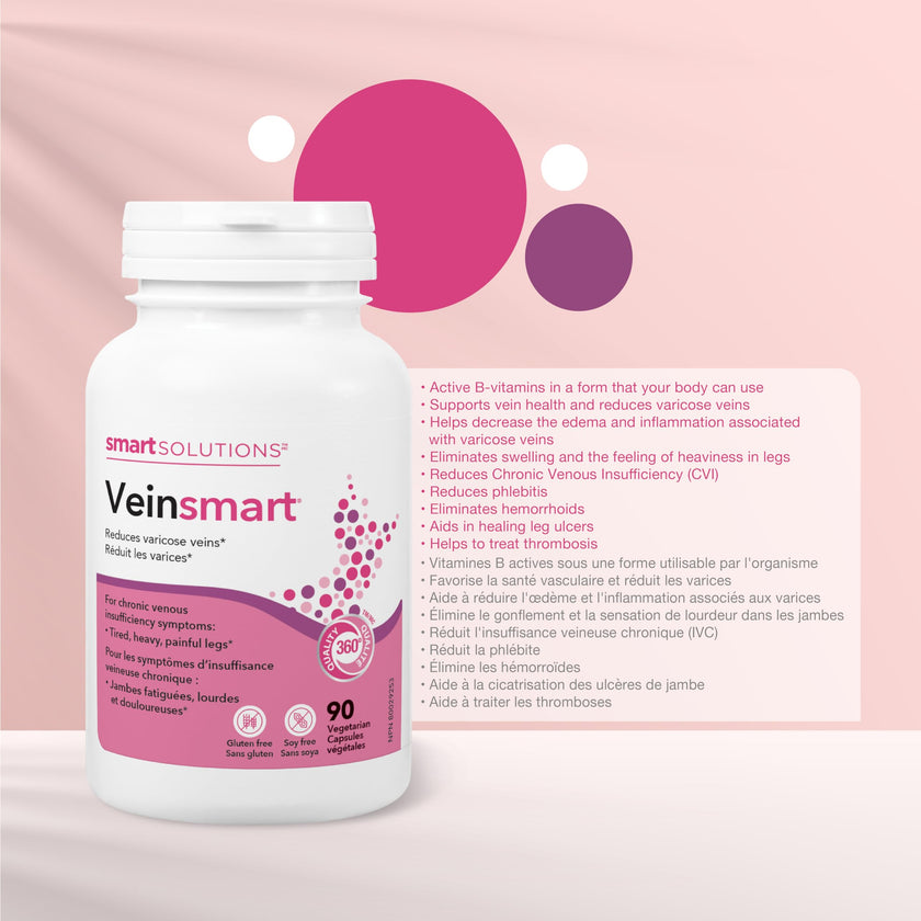 Smart Solutions Veinsmart Vegetarian Capsules, Supports Vein Health and Reduces Varicose Veins, Helps with Swelling and the Feeling Heaviness in the Legs. With 300 mg Diosmin, Gluten-Free, Soy-Free, 90 Count 🍁 All In One Marketplace Canada