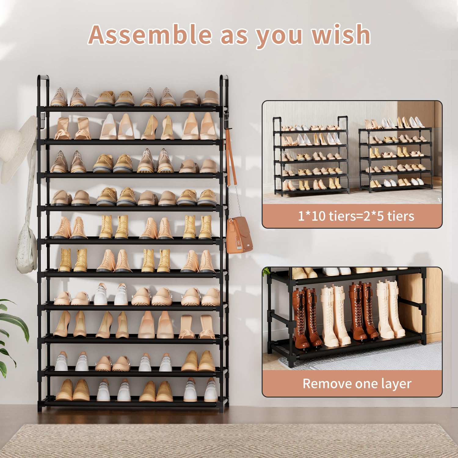 10 Tier Shoe Rack, Large Capacity Tall Shoe Storage Organizer Holds 50-55 Pairs Shoes and Boots, Vertical Shoe Shelf Cabinet with Versatile Hooks for Closet Entryway Garage Bedroom 🍁 All In One Marketplace Canada