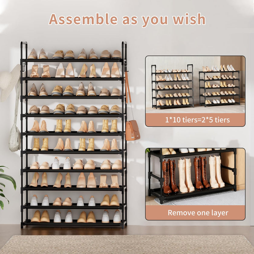 10 Tier Shoe Rack, Large Capacity Tall Shoe Storage Organizer Holds 50-55 Pairs Shoes and Boots, Vertical Shoe Shelf Cabinet with Versatile Hooks for Closet Entryway Garage Bedroom 🍁 All In One Marketplace Canada