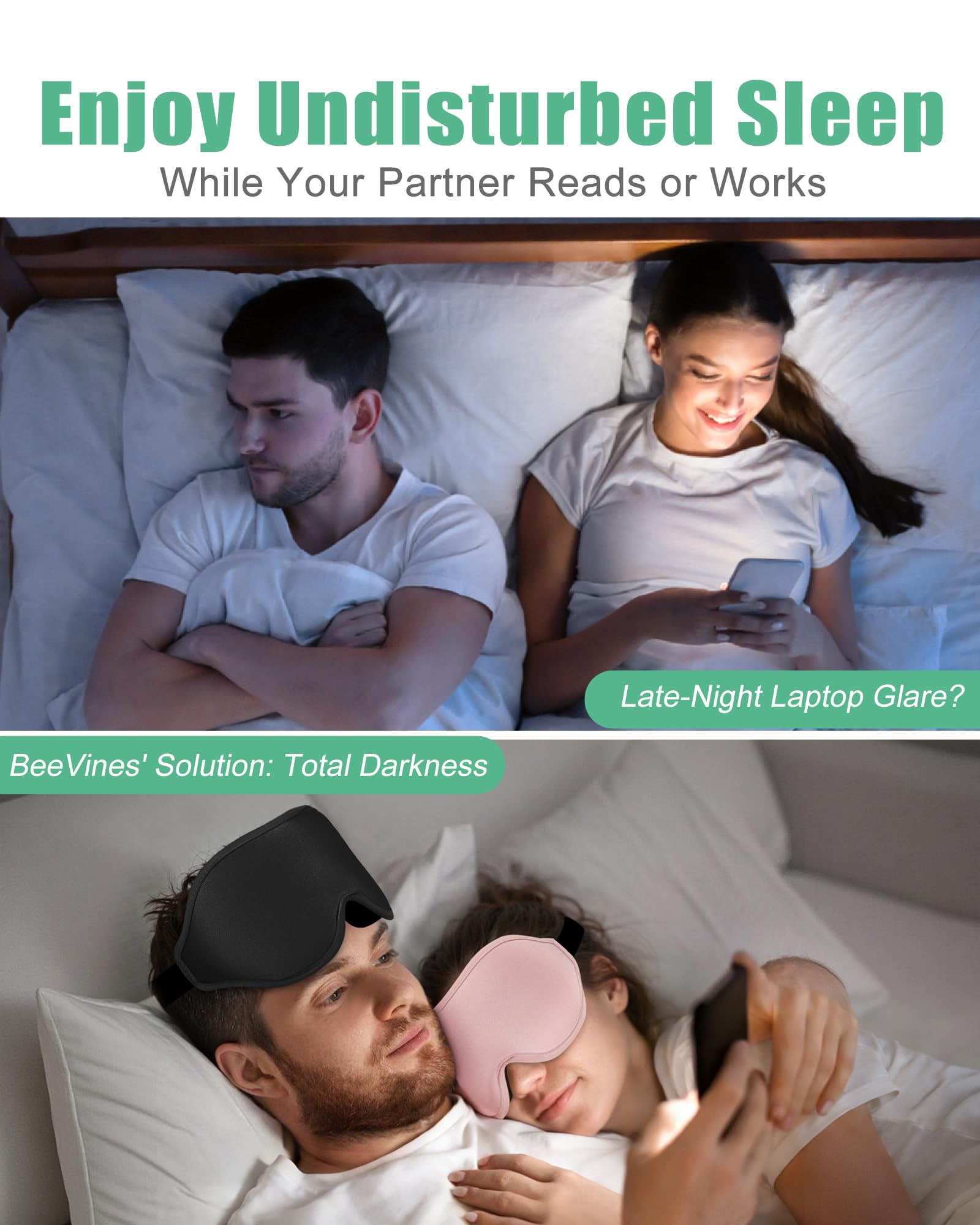 100% Blackout Sleep Mask for Women Men, 2 Packs 3D Contoured Eye Mask for Sleeping with Adjustable Strap, BeeVines Eye Mask for Eyelash Extensions Sleep Mask Blindfold, Soft Breathable Eye Shade Cover for Travel Yoga (Black & Pink)