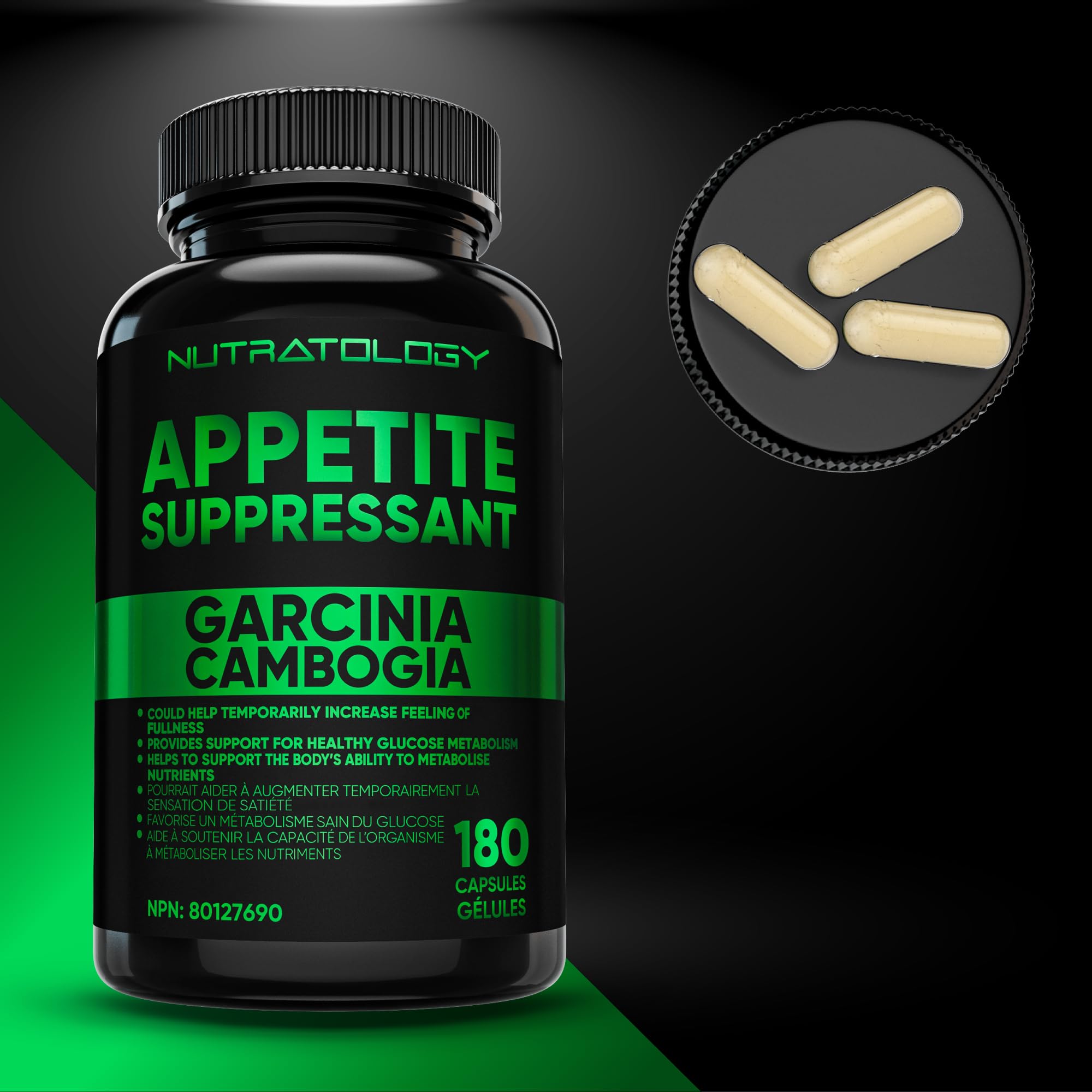 Nutratology® Garcinia Cambogia Appetite Suppressant Weight Loss For Women & Men | Canadian-Made | 500 MG Per Capsule | 60% HCA - Increase Feelings of Fullness & Maintain Blood Sugar Levels - 180 Count 🍁 All In One Marketplace Canada