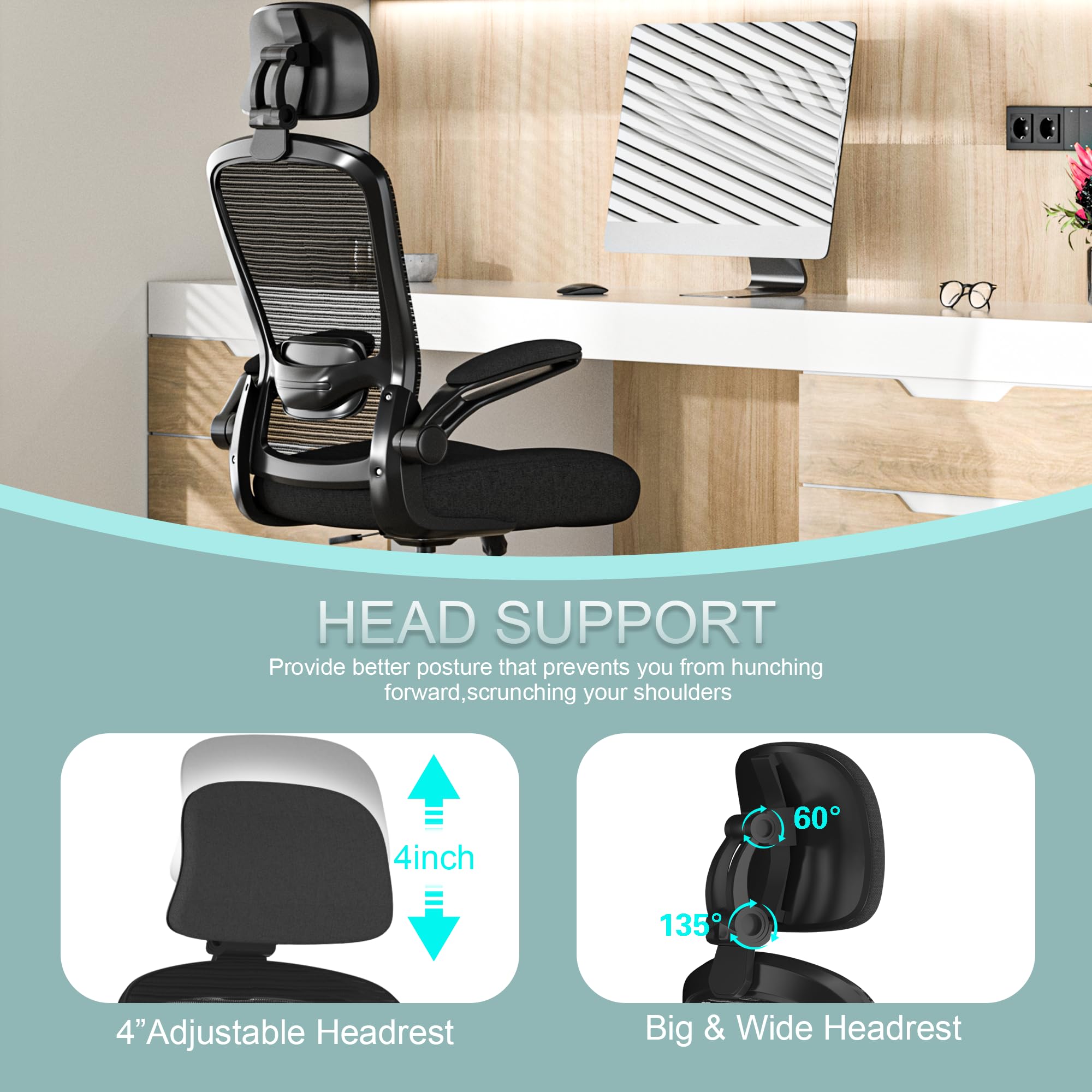 Mimoglad Office Chair, Comfy Desk Chair - High Back Ergonomic Computer Chair with Adjustable Lumbar Support & Headrest, Flip-up Armrests for Guitar Playing (Black(Black Frame)) 🍁 All In One Marketplace Canada