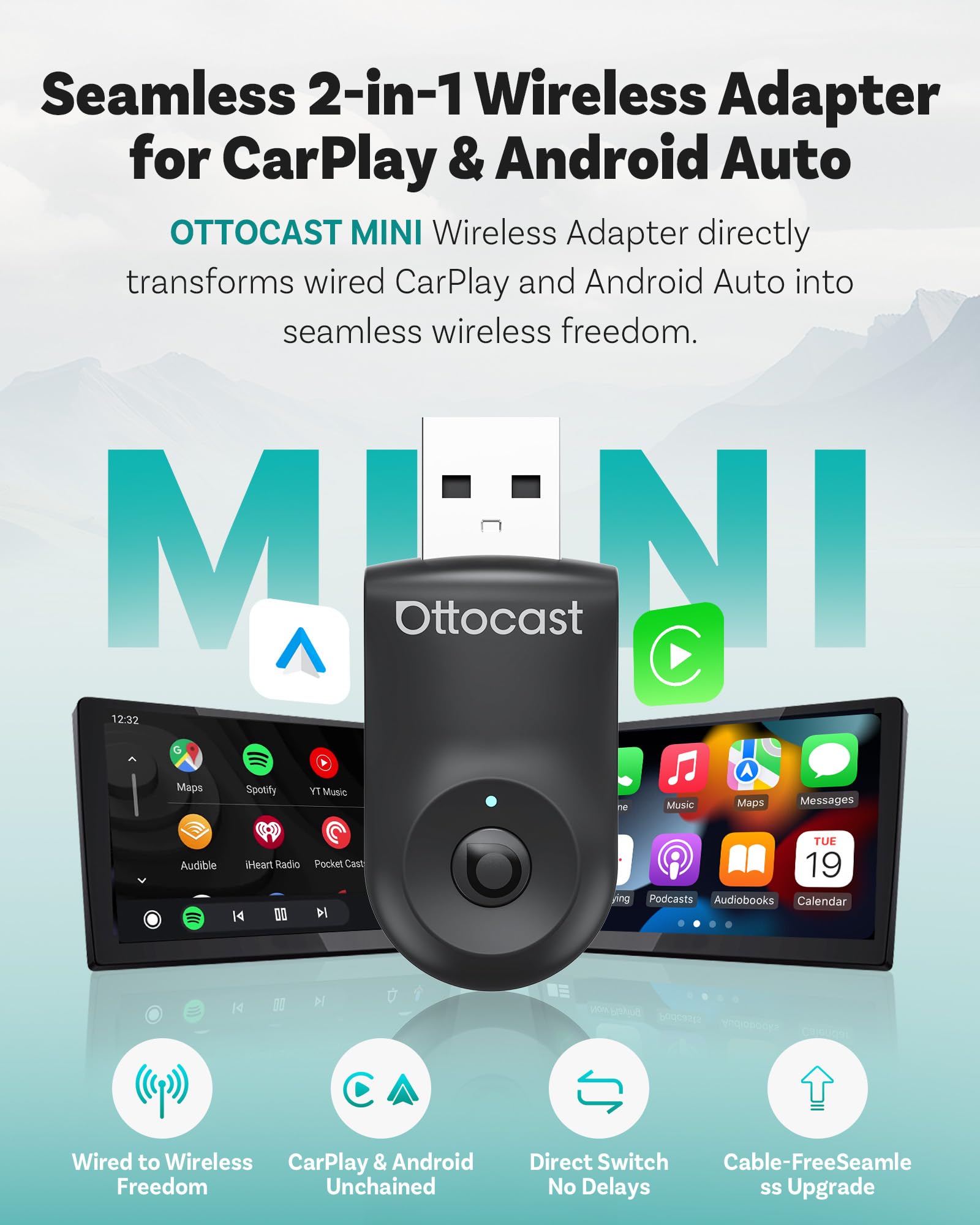 OTTOCAST Mini 2025 Wireless CarPlay & Android Auto 2-in-1 Adapter, Plug & Play, 5GHz WiFi, Auto Connect for iPhone & Android, Fits 98%+ OEM Wired CarPlay Cars 🍁 All In One Marketplace Canada