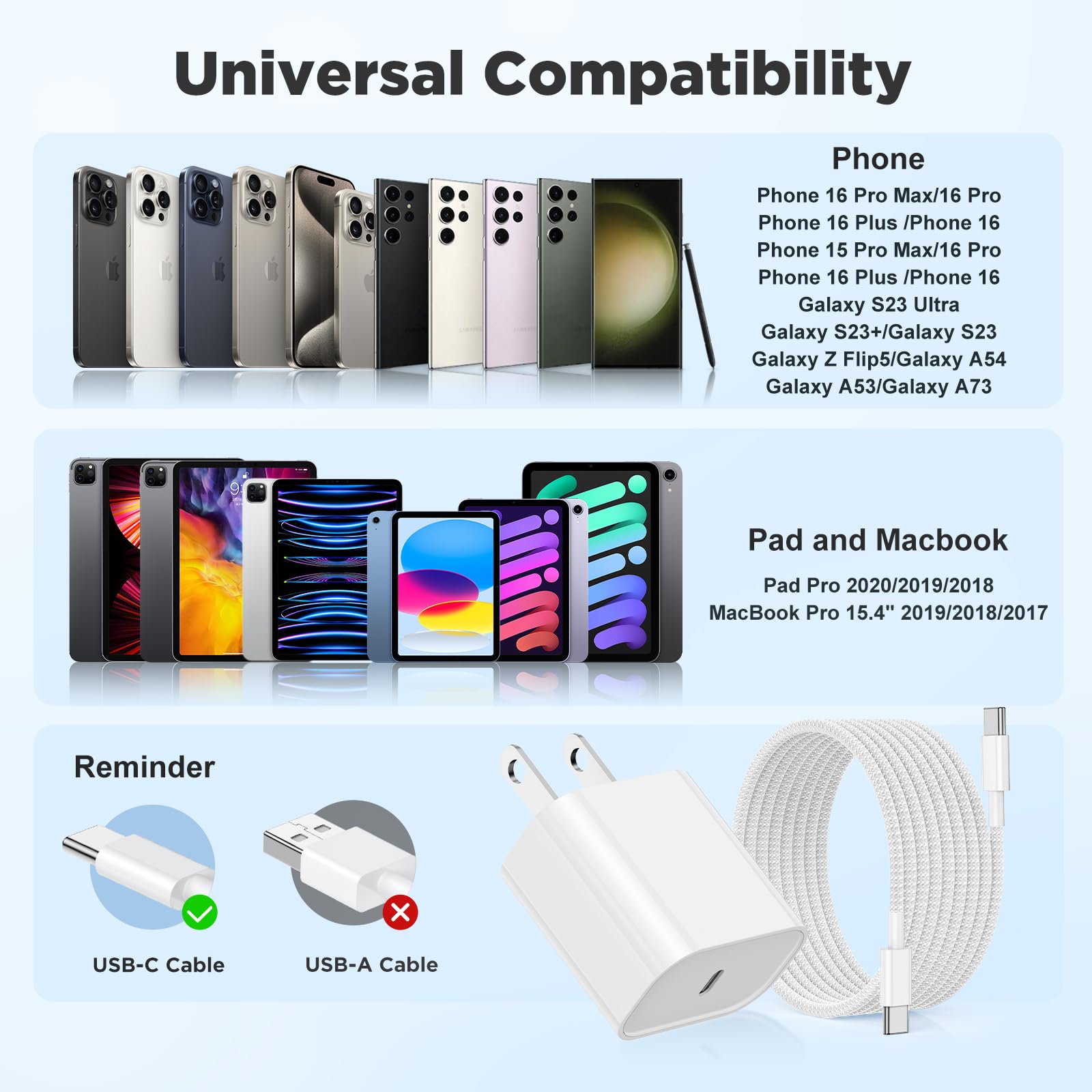 Hzevn for iPhone 16 Chargers Fast Charging,3 Pack 20W USB C Charger Block with 6.6/6.6/10ft Long USB C to USB C Cable for iPhone 17/16/15 Pro Max/15 Pro/15 Plus 🍁 All In One Marketplace Canada