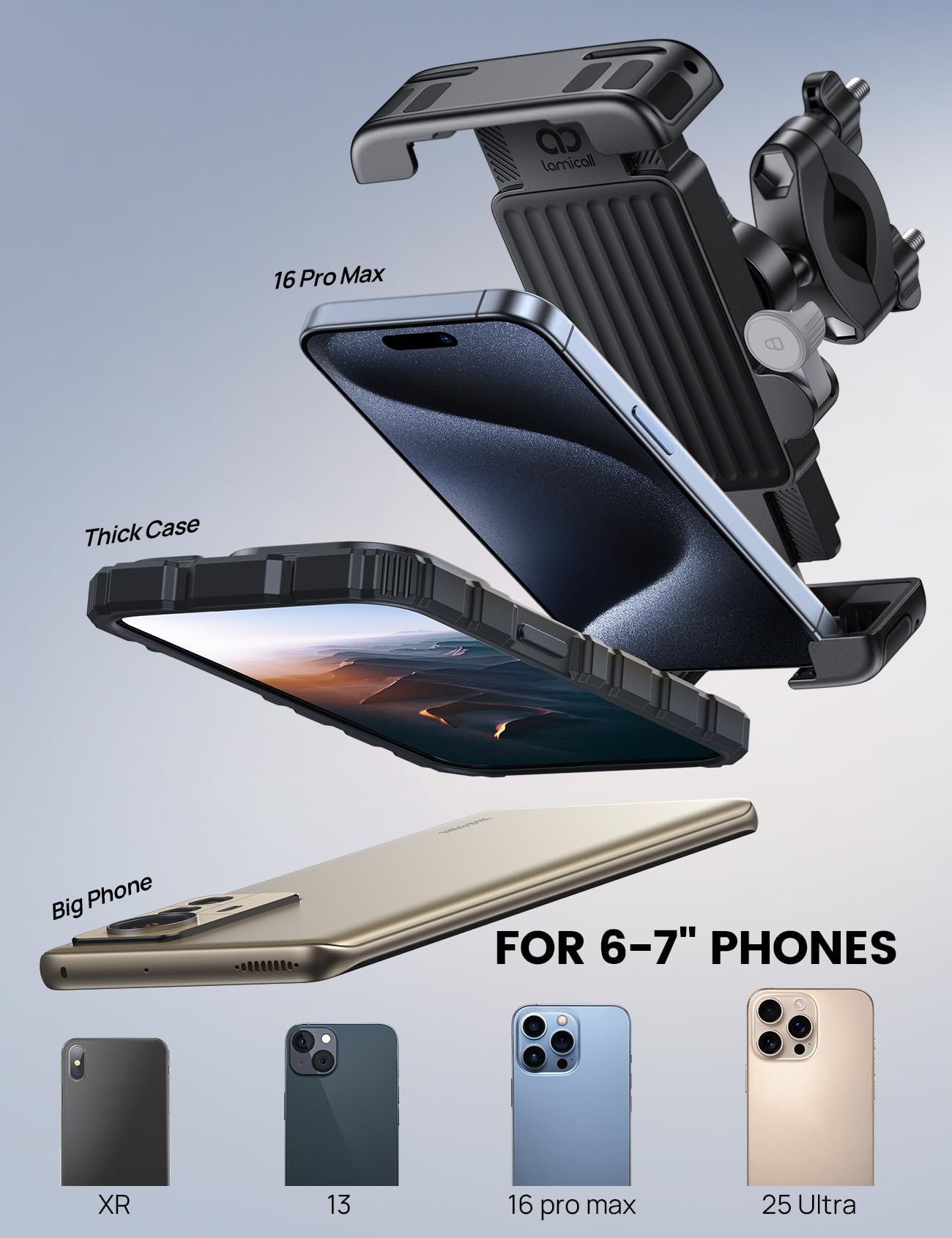 Lamicall Bike Motorcycle Phone Mount - [1s Quick Lock] Bike Phone Holder Clip, [Stable Handlebar Clamp] Bicycle Scooter Handlebar Clamp for iPhone 16 17 Pro Max Plus Air, S26 Ultra All Large 🍁 All In One Marketplace Canada