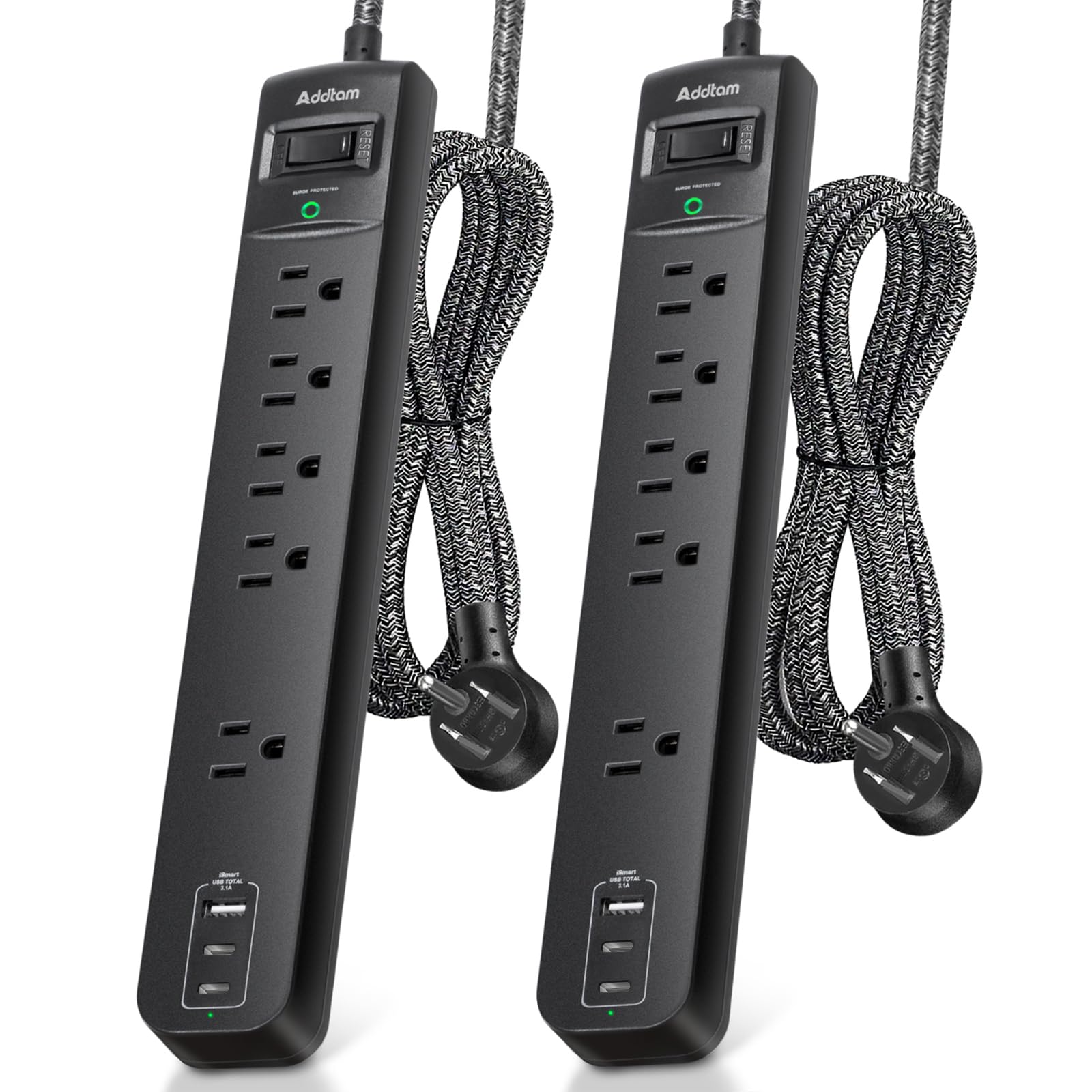 2 Pack Power Bar Surge Protector - 5 Widely Spaced Outlets 3 USB Charging Ports(2 USB C), 1875W/15A with 6Ft Braided Extension Cord, Flat Plug, Overload Surge Protection, Wall Mount for Home Office 🍁 All In One Marketplace Canada