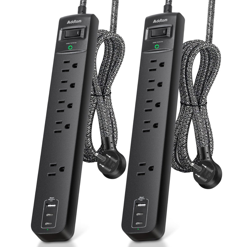 2 Pack Power Bar Surge Protector - 5 Widely Spaced Outlets 3 USB Charging Ports(2 USB C), 1875W/15A with 6Ft Braided Extension Cord, Flat Plug, Overload Surge Protection, Wall Mount for Home Office 🍁 All In One Marketplace Canada