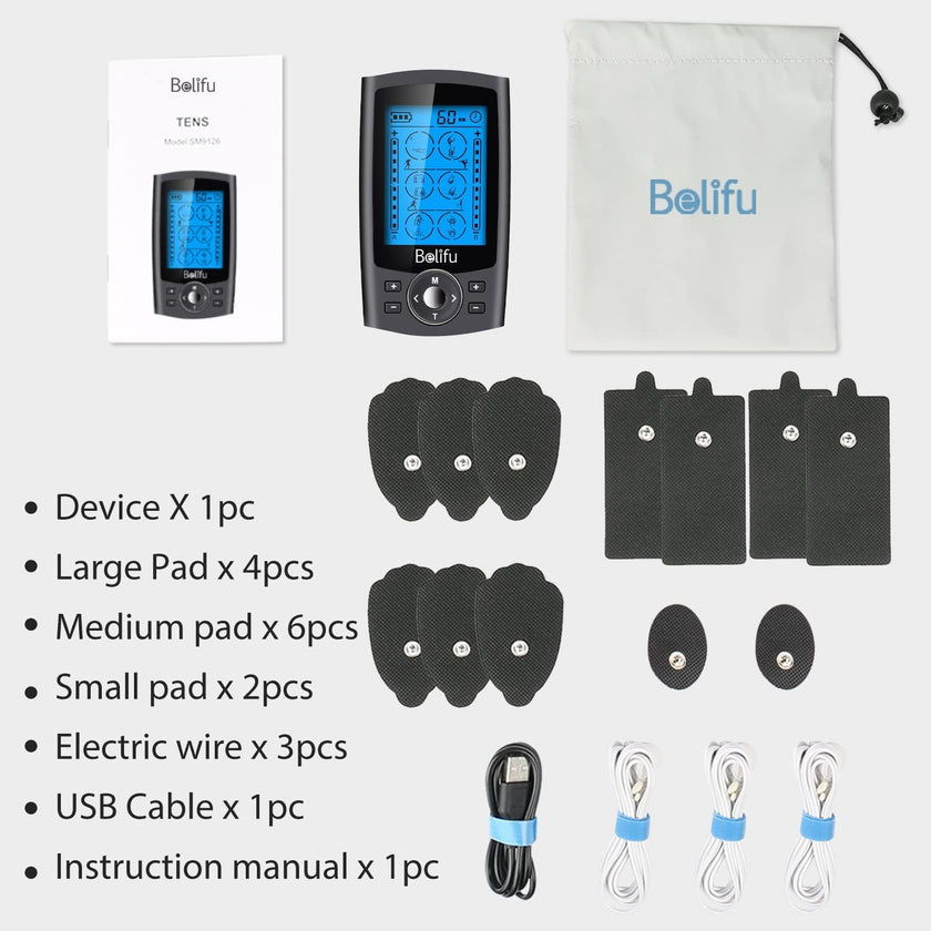 Belifu Dual Channel TENS EMS Unit with 12 Pads, 24 Modes Muscle Stimulator, Electronic Pulse Massager Muscle Massager for Pain Relief Therapy, Fastening Cable Ties, Dust-Proof Drawstring Storage Bag 🍁 All In One Marketplace Canada