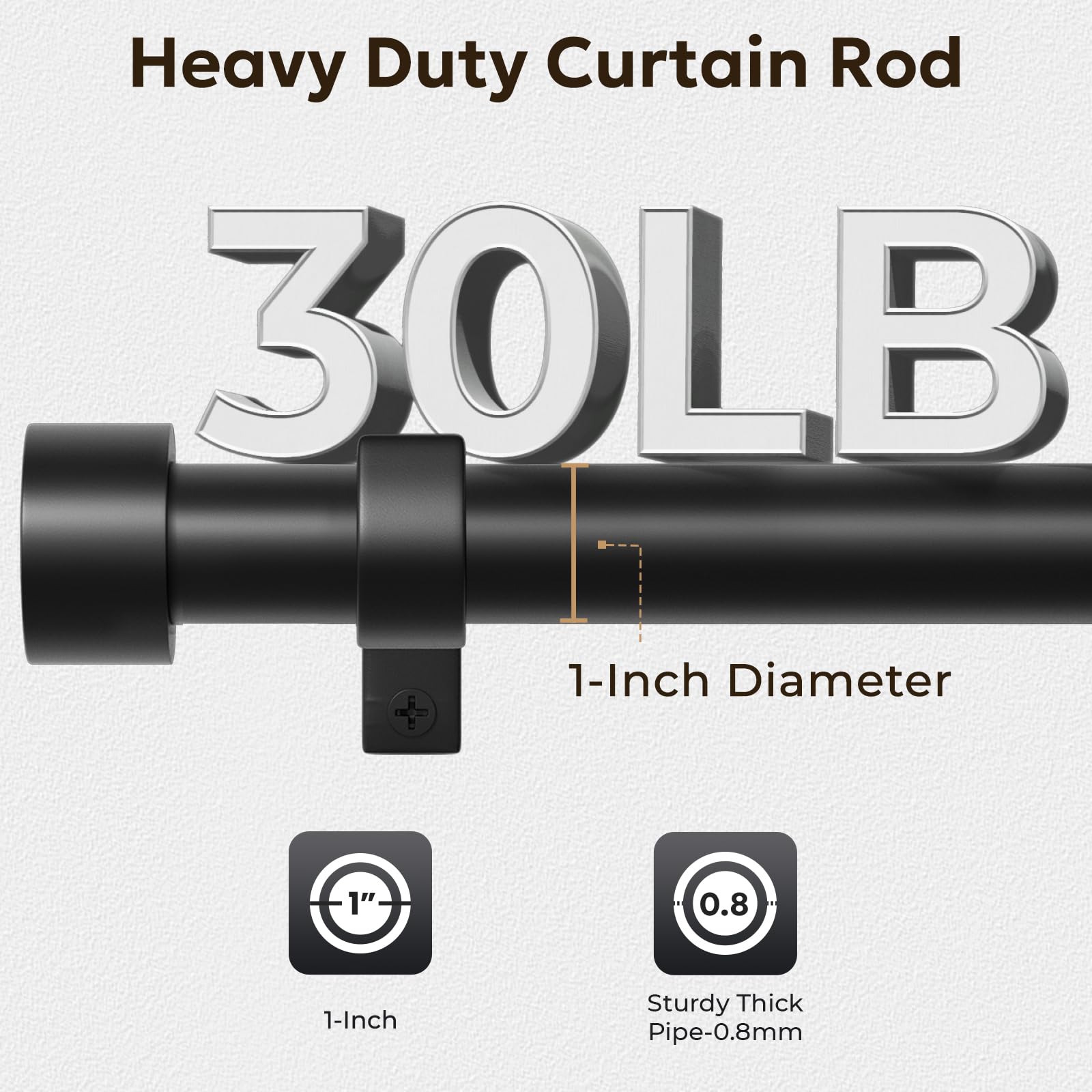 Zeerobee Curtain Rods for Windows 48 to 84, 1 Inch Black Heavy Duty Drapery Rods with Adjustable Length, Outdoor Modern Curtain Pole with Simple End Caps, 32