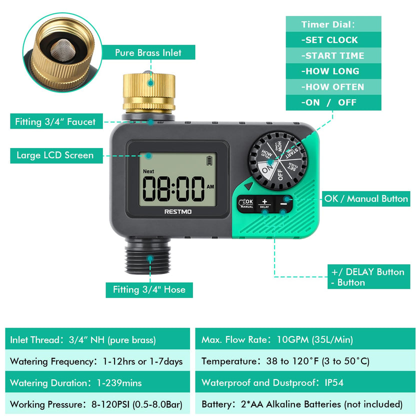 RESTMO Water Timer for Garden Hose, Programmable Sprinkler Timer with Brass Inlet, Rain Delay/Manual ON/Off/Automatic Irrigation Control, Hose Timer for Outdoor Faucet, Yard and Lawn Watering System 🍁 All In One Marketplace Canada