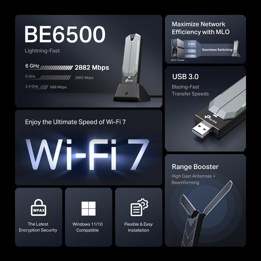 TP-Link BE6500 WiFi 7 USB Adapter (Archer TBE400UH) – Tri-Band 6GHz/5GHz/2.4GHz, High-Gain Adjustable Antennas, USB 3.0 Cradle, Up to 6500 Mbps, OFDMA MU-MIMO, WPA3, Windows 10/11 🍁 All In One Marketplace Canada