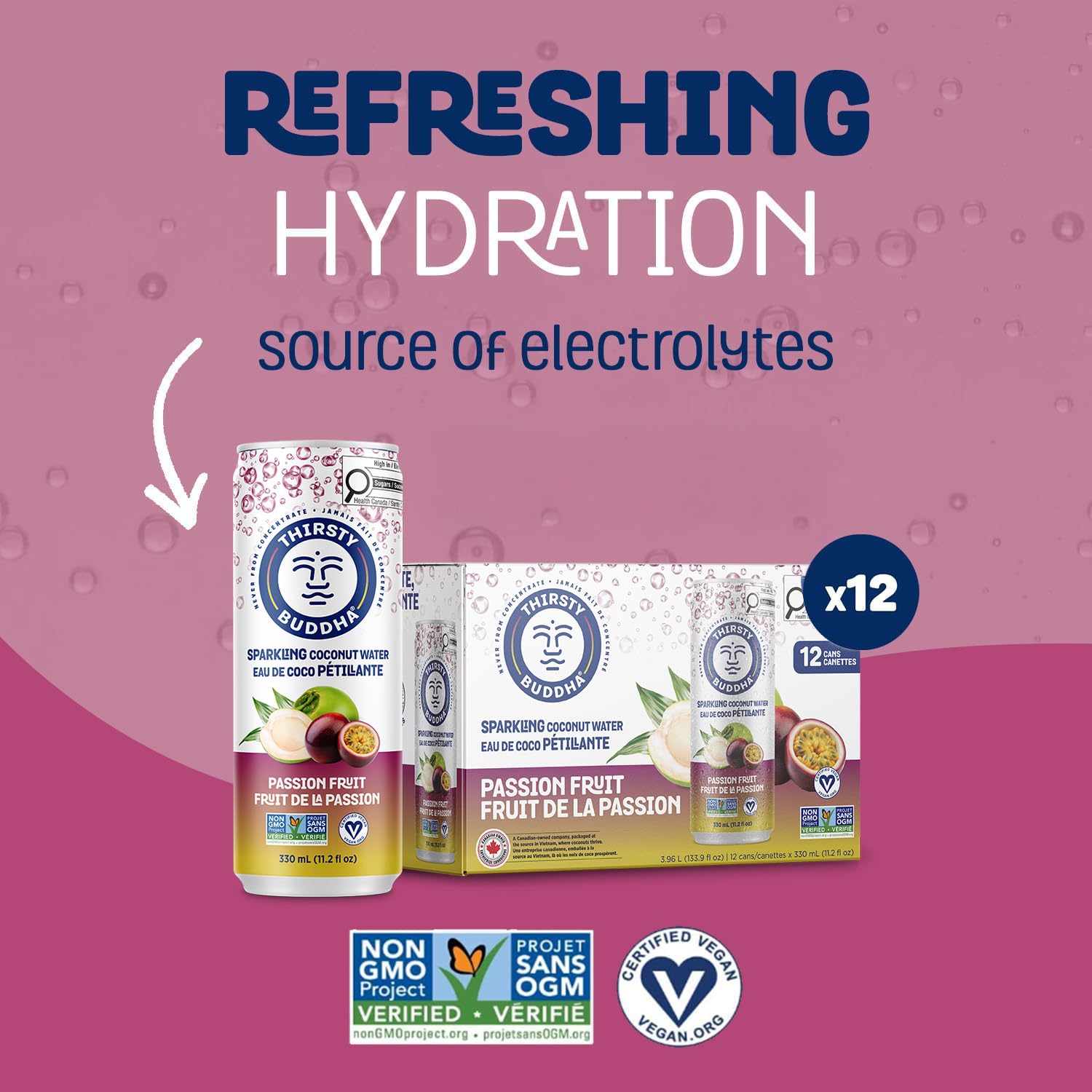 THIRSTY BUDDHA Sparkling Coconut Water with Passion Fruit, No Added Sugar, Pure Coco Drink, Natural Fruit Flavour, Electrolyte & Nutrient-Rich, 12 Pack, (12/330ml) 🍁 All In One Marketplace Canada