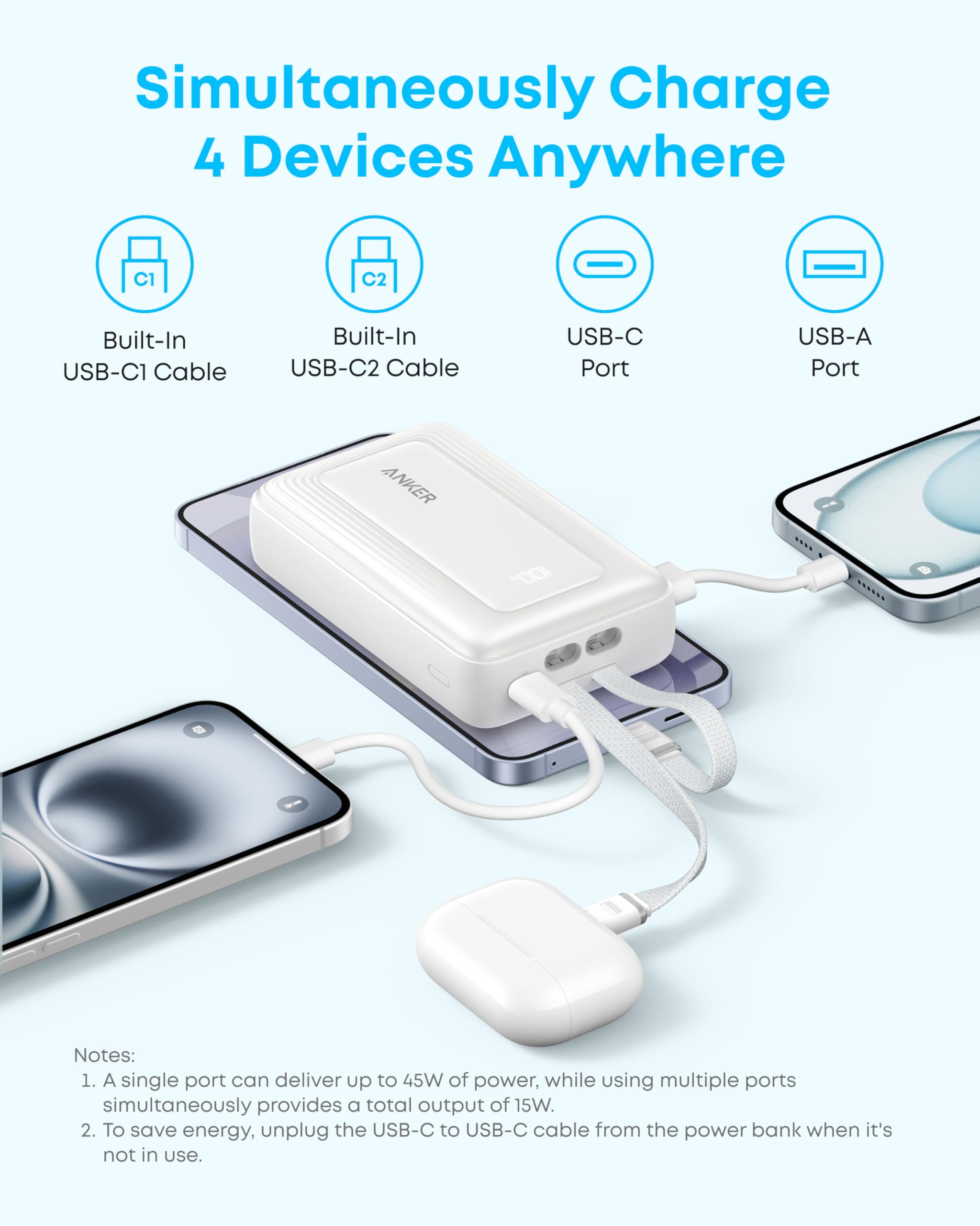Anker Zolo Power Bank, 20,000mAh 45W Max Fast Portable Charger with Built-in USB-C Cable, USB C&A, 40W Battery Pack for iPhone 17 Series, MacBook, Samsung, and More (Built-in C Cable*2) 🍁 All In One Marketplace Canada
