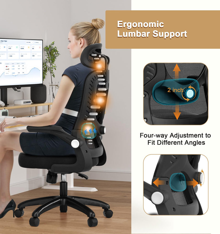 Office Chair, SPRDENG Ergonomic Office Chair with Two-Way Adjustable Lumbar Support & Headrest, High Back S-Shaped Computer Chair with Flip-up Padded Armrests, Swivel Task Chair for Home Office 🍁 All In One Marketplace Canada