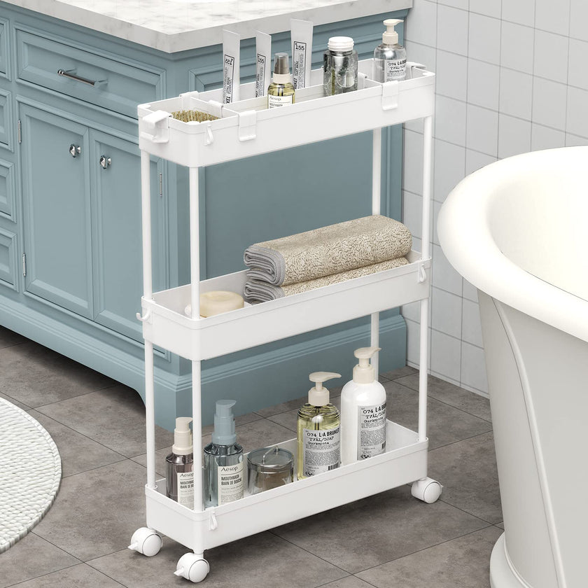 SPACELEAD Slim Storage Cart,3 Tier Bathroom Rolling Utility Cart Storage Organizer Slide Out Cart, Mobile Shelving Unit Organizer Trolley for Office Bathroom Kitchen Laundry Room Narrow Places, White 🍁 All In One Marketplace Canada