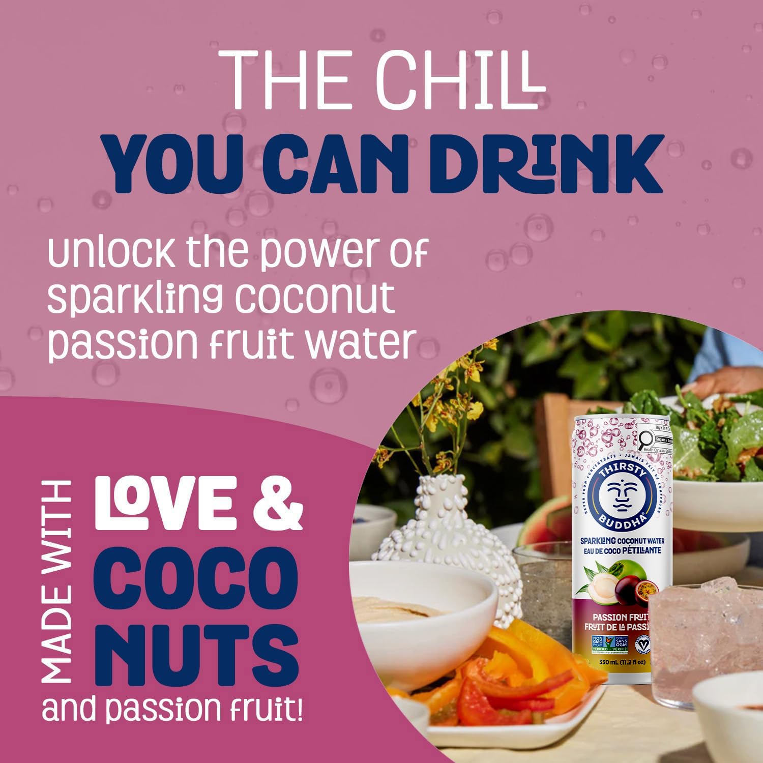 THIRSTY BUDDHA Sparkling Coconut Water with Passion Fruit, No Added Sugar, Pure Coco Drink, Natural Fruit Flavour, Electrolyte & Nutrient-Rich, 12 Pack, (12/330ml) 🍁 All In One Marketplace Canada