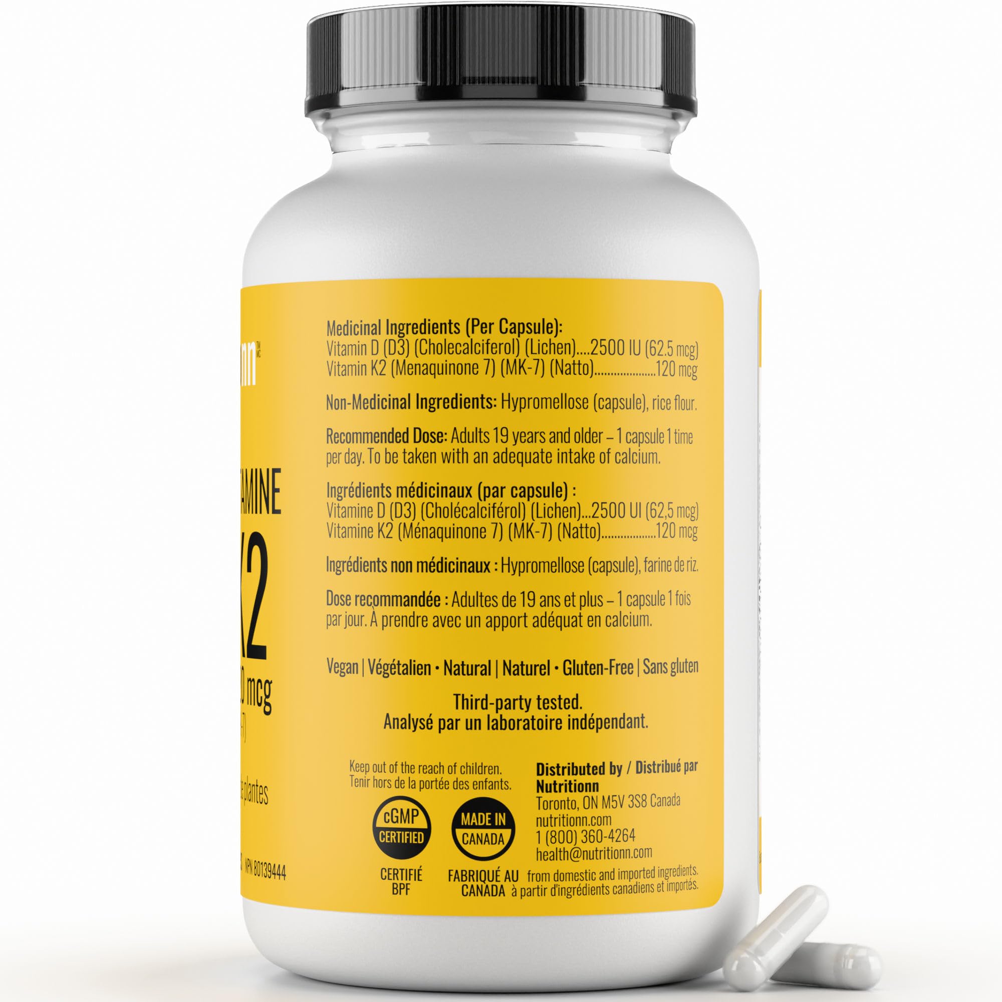 Vitamin D3 K2 Supplement - 2500 IU D3, 120 mcg K2 MK7 x 124 Capsules - Plant-Based, Vegan - Prevents Deficiency, Supports Bone Health in Women and Men - Made in Canada, Third-Party Tested - Nutritionn 🍁 All In One Marketplace Canada