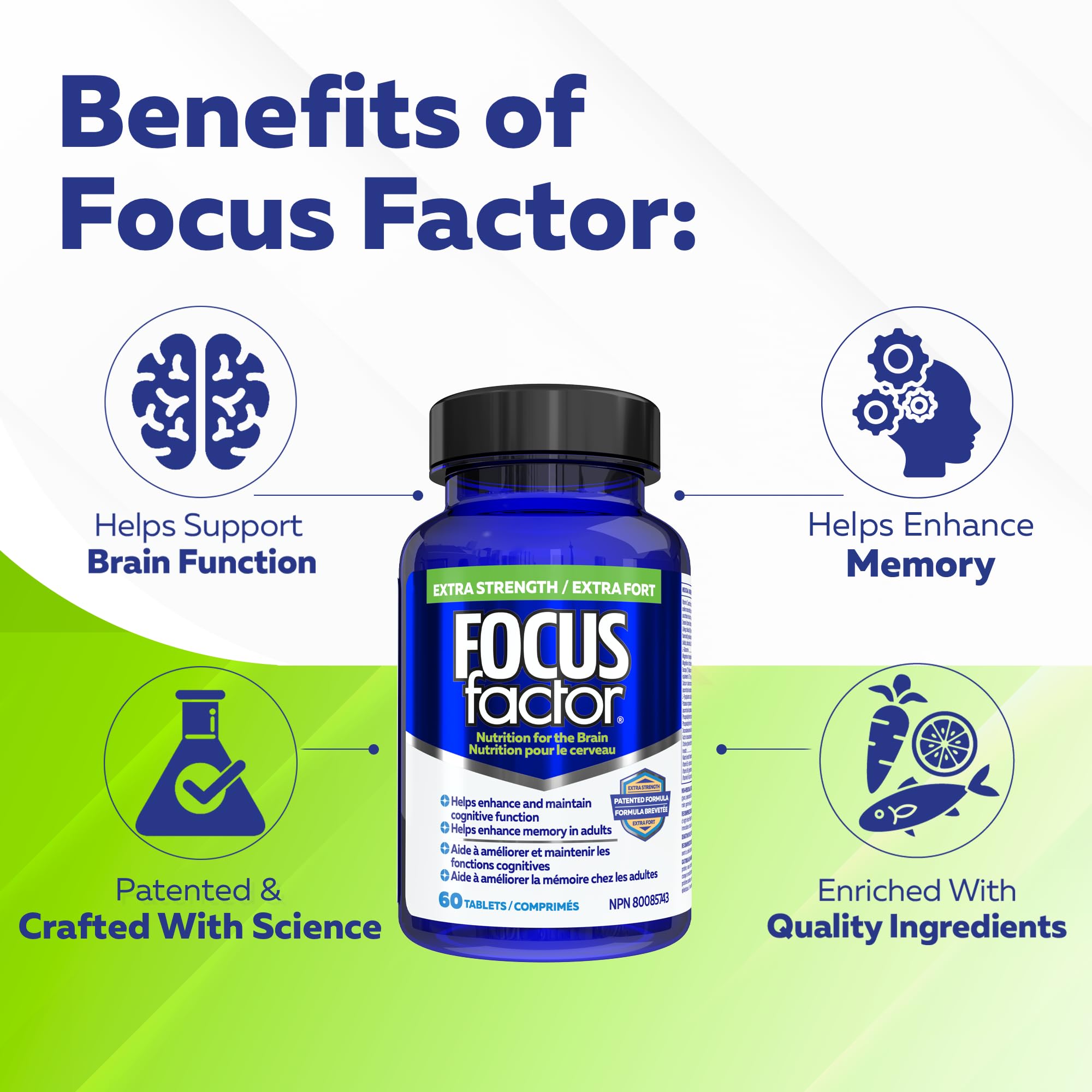 Focus Factor Extra Strength, 60ct - Multivitamin Supplement with Vitamin B6, B12, D3, Zinc, Phosphatidylserine, Bacopa Monnieri, Ginkgo Biloba & DMAE to enhance memory & cognitive function in adults 🍁 All In One Marketplace Canada