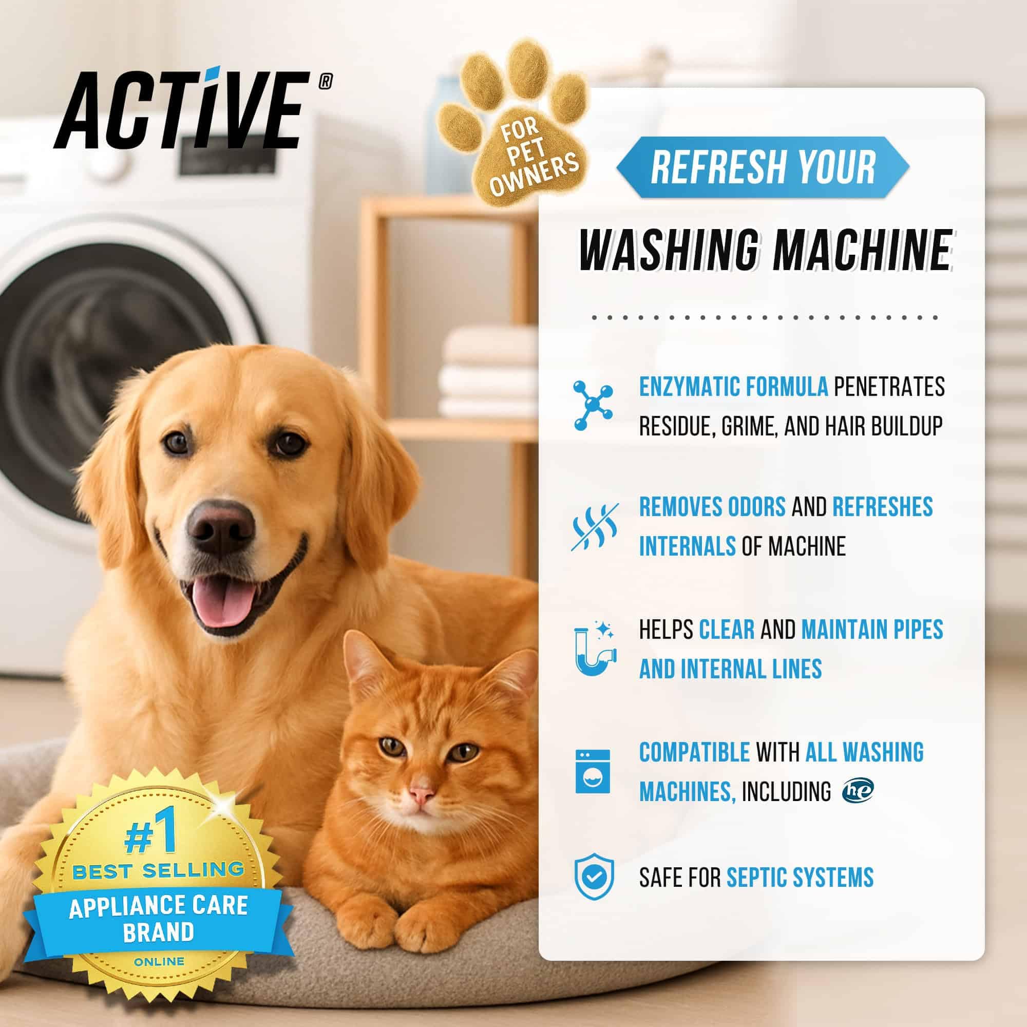 Washing Machine Cleaner for Pet Owners - ACTIVE Enzymatic Deep Clean Descaler for Cat & Dog Hair, Urine, Odor, Residue, 24 Septic-Safe Tablets for Top Load, Front Loader, HE Washer Tub - 1 Year Supply 🍁 All In One Marketplace Canada