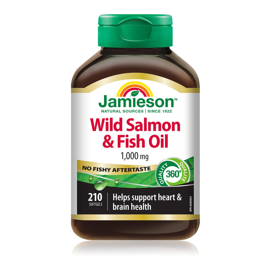 Jamieson Wild Salmon & Fish Oil 1,000 mg, No Fishy Aftertaste, Supports Heart Health and Brain Health. With Wild Alaskan Salmon, EPA, and DHA, Non-GMO, Gluten-Free, Proudly Canadian, 210 Softgels 🍁 All In One Marketplace Canada