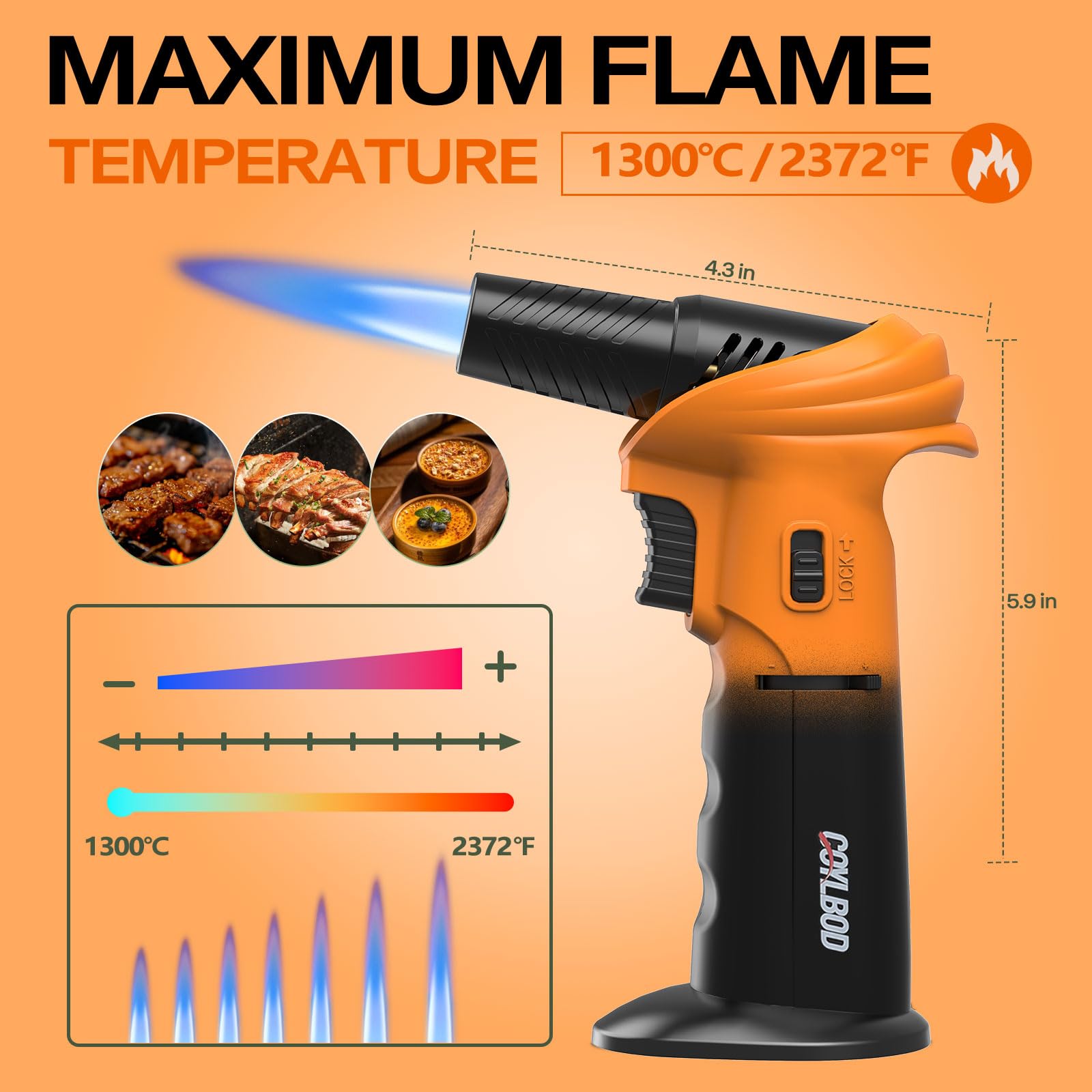 Butane Torch Lighter – Refillable Adjustable Flame Torch with 0‑90° Rotating Head, Safety Lock & Continuous Flame – Kitchen Torch for Creme Brulee, Soldering, BBQ & DIY Crafts (Orange and Black) 🍁 All In One Marketplace Canada