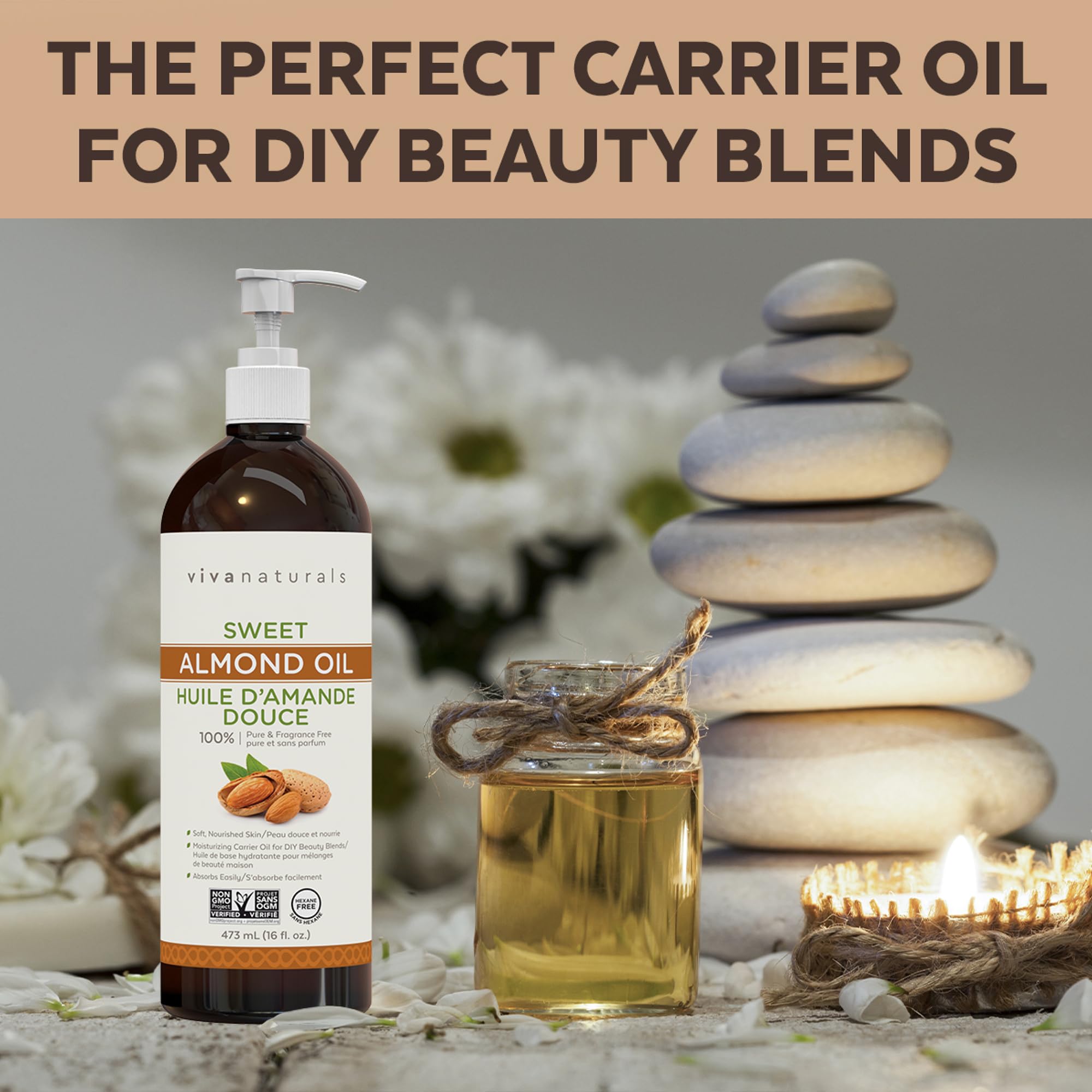 Viva Naturals Sweet Almond Oil – Almond Oil for Skin, Hair & Face, Body Oil After Shower, Body Oil for Dry Skin, Carrier Oil for Essential Oils & Almond Hair Oil, 16 fl oz 🍁 All In One Marketplace Canada