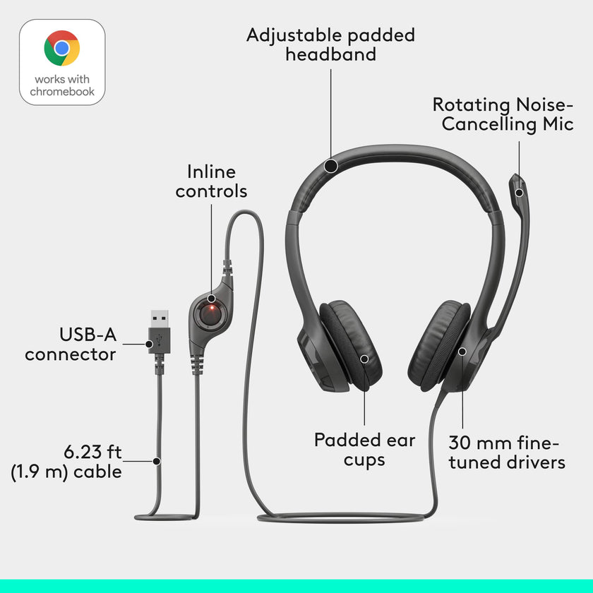 Logitech H390 Wired Headset for PC/Laptop, Stereo Headphones with Noise Cancelling Microphone, USB-A, in-Line Controls, Works with Chromebook - Black, 1 Pack 🍁 All In One Marketplace Canada