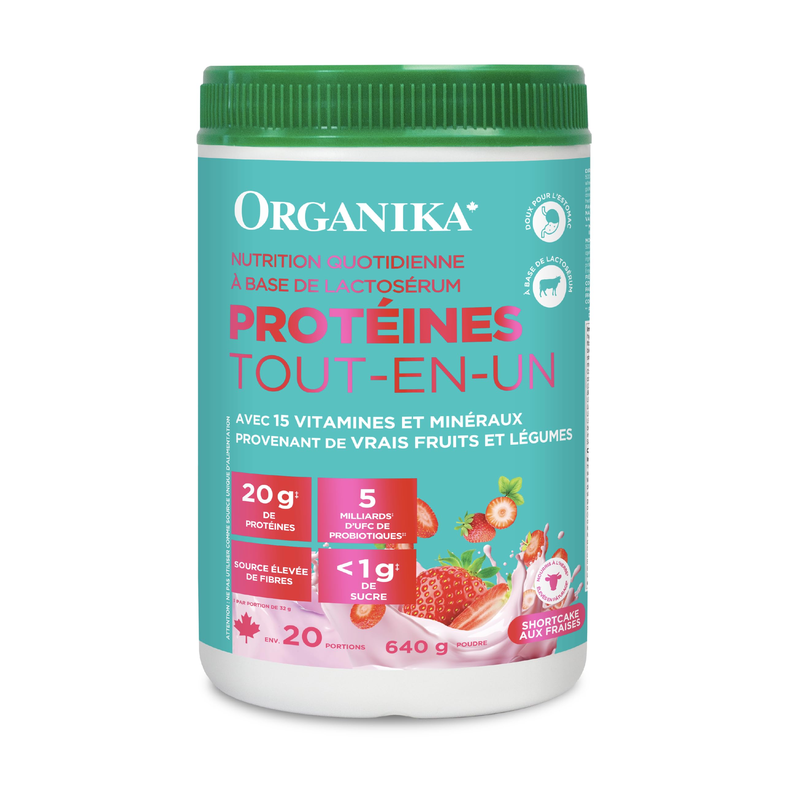 Organika All-in-One Strawberry Shortcake Protein Powder with 20g Protein,15 Vitamins & Minerals from Real Fruits & Veggies,5 Billion CFU Probiotics,4g Prebiotic Fiber, Digestive Enzymes,1g Sugar- 640g 🍁 All In One Marketplace Canada