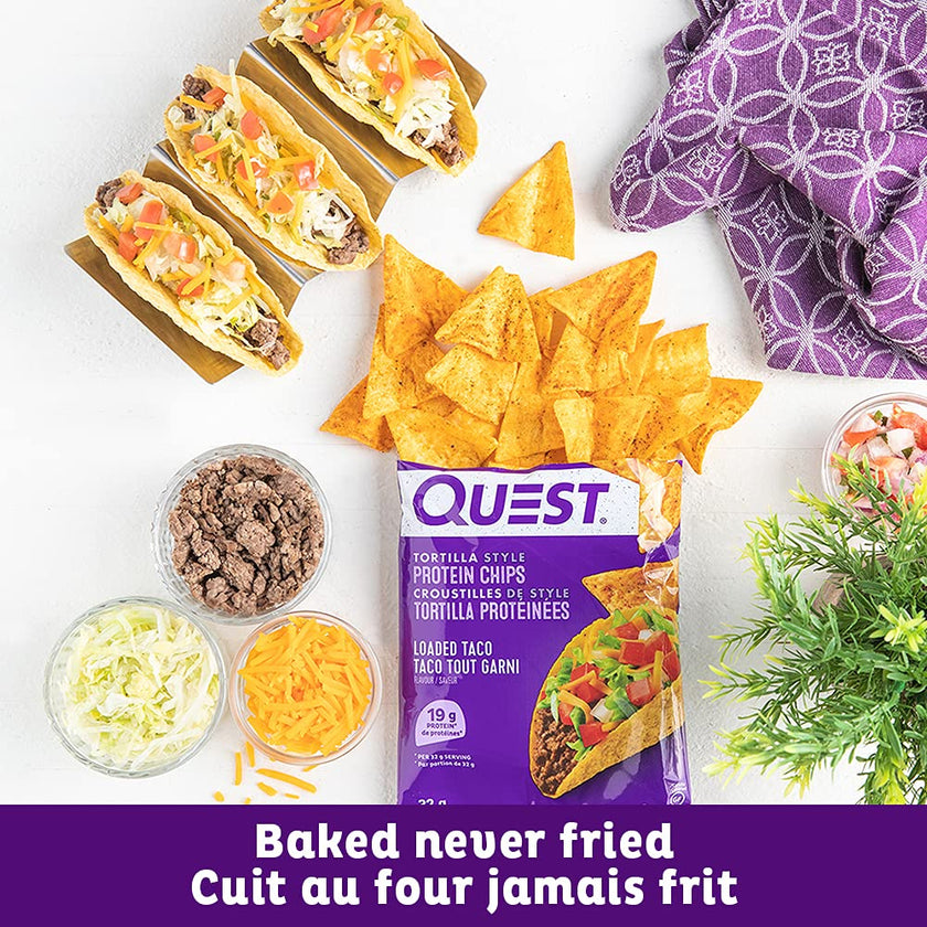 Quest Nutrition Tortilla Style Protein Chips, Loaded Taco, High Protein, Baked, Not Fried, Gluten Free, 1g Sugar, 5g Carbs, 8ct 🍁 All In One Marketplace Canada