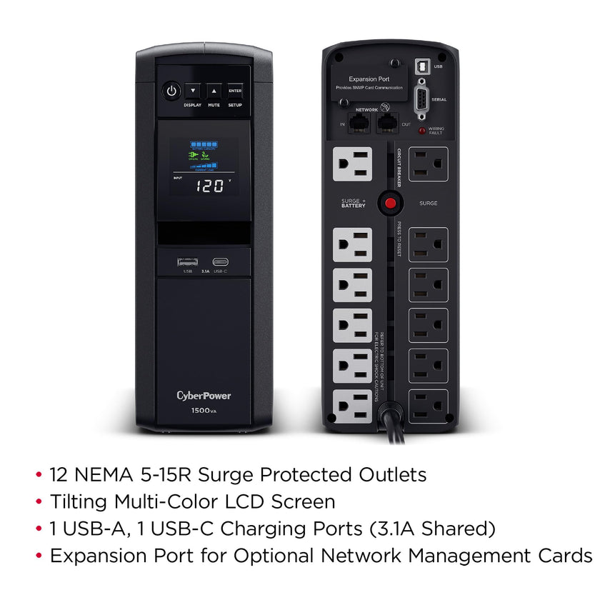 CyberPower CP1500PFCLCD PFC Sinewave UPS System, 1500VA/1000W, 12 Outlets, AVR, Mini Tower, Black 🍁 All In One Marketplace Canada