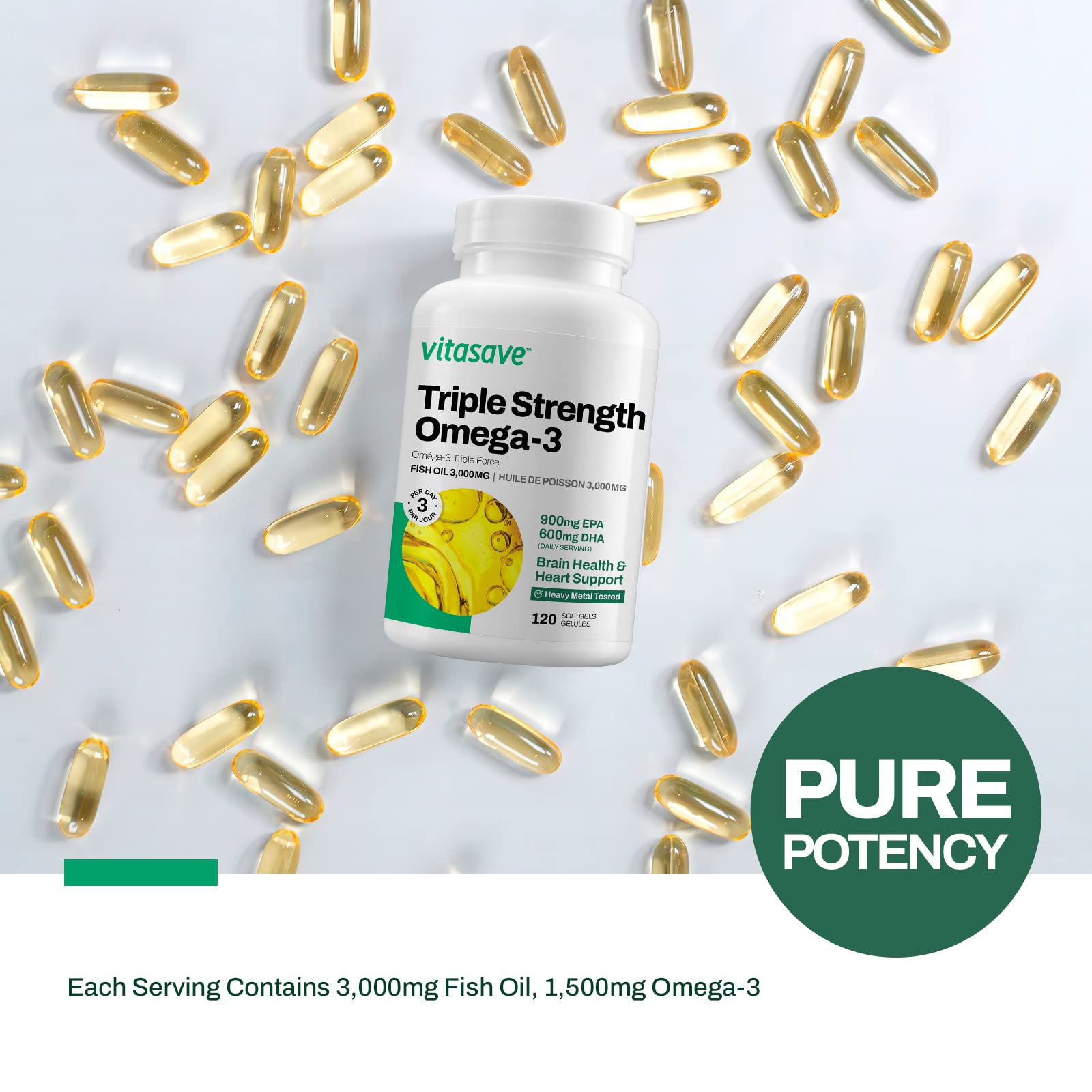 Vitasave Triple Strength Fish Oil Omega 3 Supplements – High-Potency 3000mg with 900mg EPA + 600mg DHA - Burpless Fish Oil Capsules for Heart, Brain & Joint Health - Non-GMO and Gluten-Free (120 Softgels - 40 Days Servings) 🍁 All In One Marketplace Canada