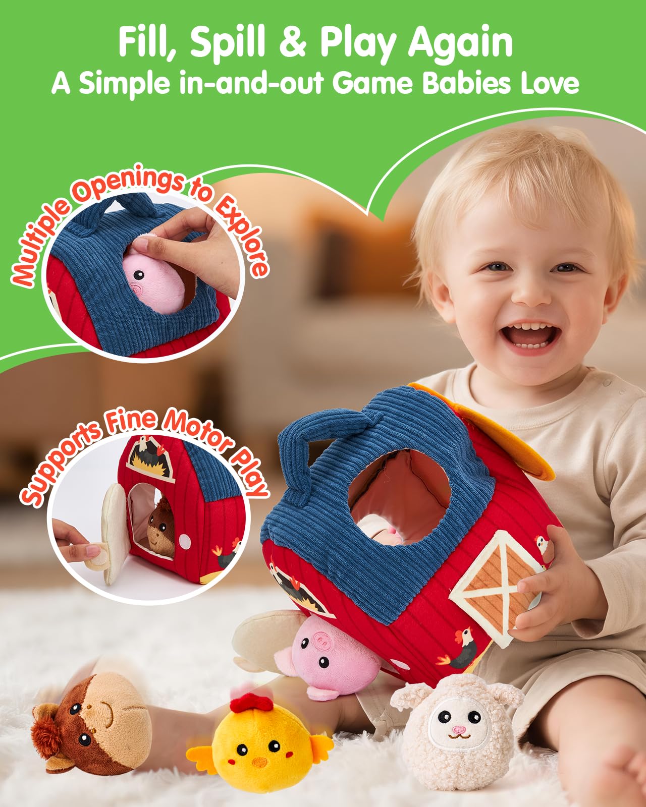 hahaland Montessori Baby Toys 6-12 Months - Surprise Barn with Stuffed Farm Animals Toys for Babies with Rattle & Mirror, Sensory Toys for Babies Boy Girl, Travel Toys for Toddlers 1-3 🍁 All In One Marketplace Canada