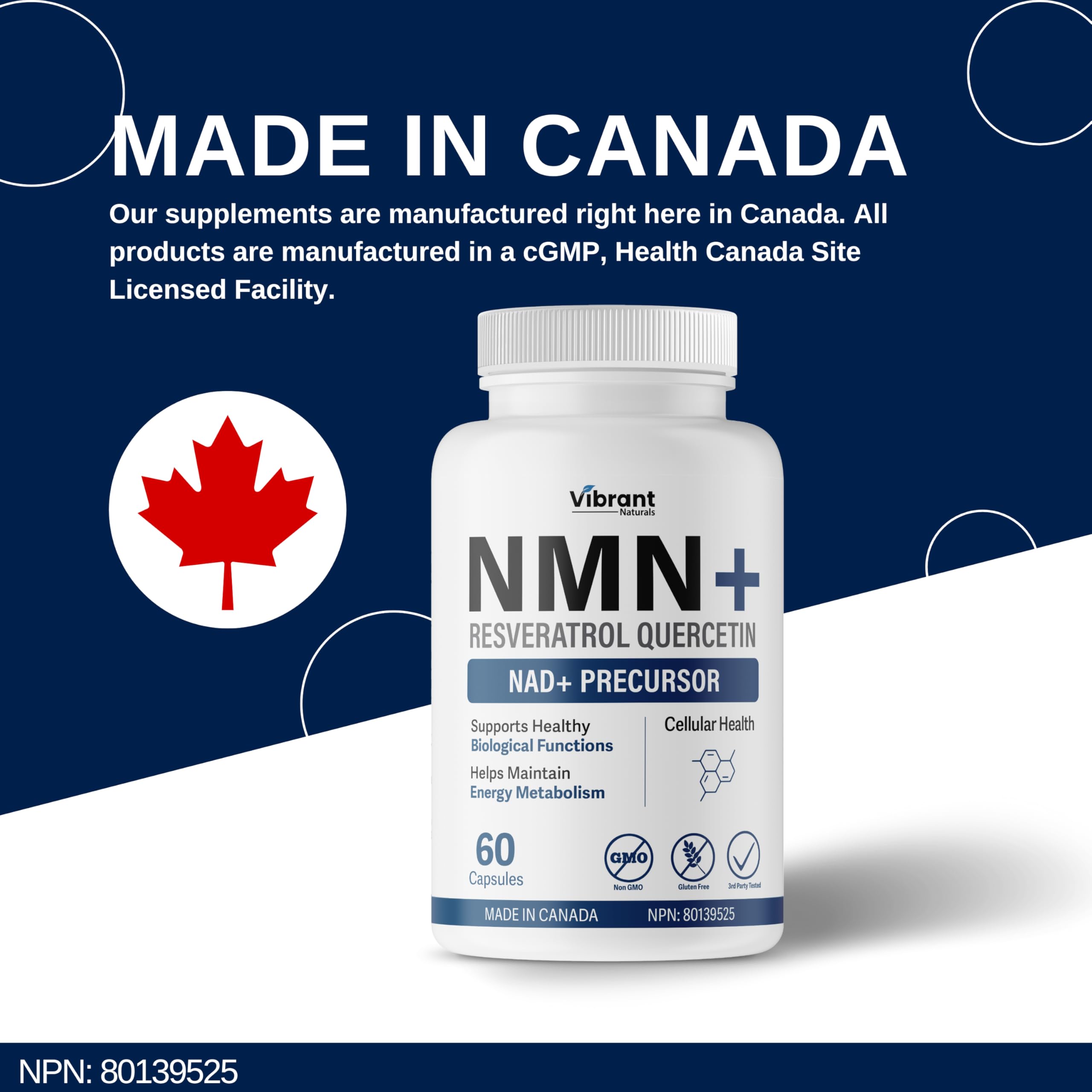 NMN w/Quercetin & Resveratrol For Enhanced NAD+ Levels - More Effective Than NMN Alone, High Purity 99% Nicotinamide Mononucleotide & Resveratrol For Cellular Health, NAD Supplement, 60 Capsules 🍁 All In One Marketplace Canada