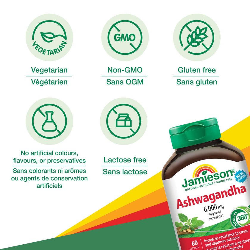 Jamieson High-Potency Ashwagandha 6,000 mg, Increases Resistance to Stress, Adaptogen, and Enhances Memory. Non-GMO, Vegetarian, Gluten-Free, Only One Per Day, 60 Capsules 🍁 All In One Marketplace Canada