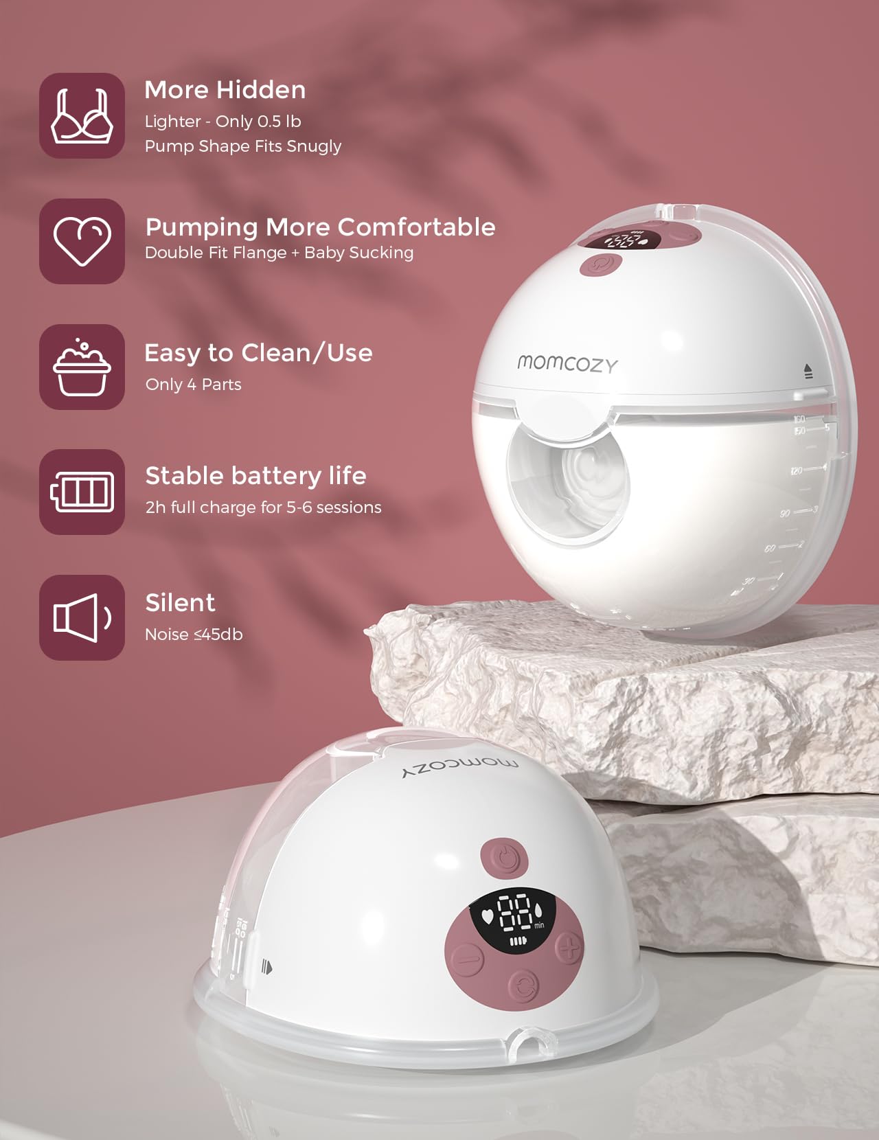 Momcozy M5 Smart App Control Hands Free Breast Pump, Double Wearable Breast Pump of Baby Mouth Double-Sealed Flange with 3 Modes & 9 Levels, Electric Pump Portable - 24mm, 2 Pack, Cozy Red 🍁 All In One Marketplace Canada