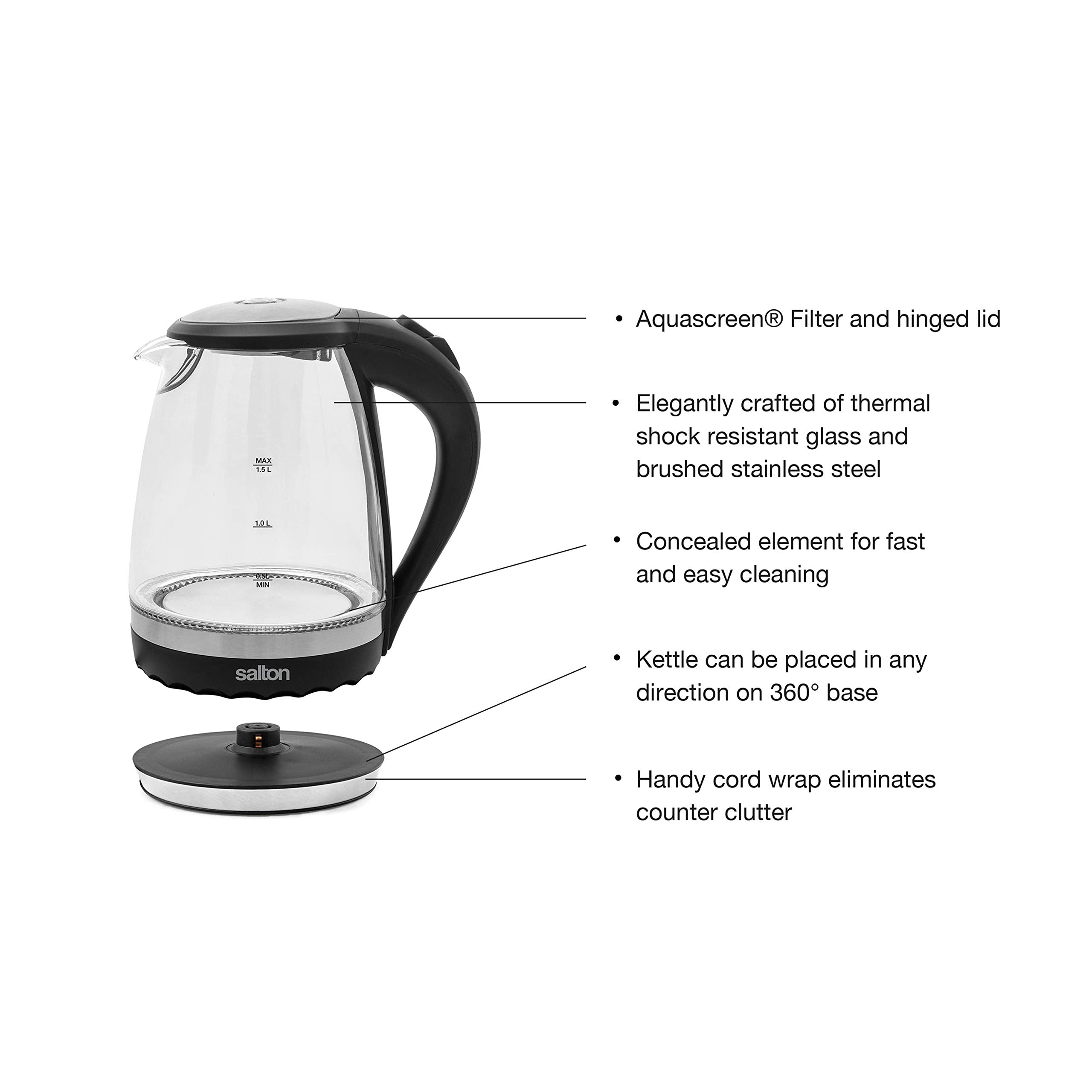 Salton Cordless Electric Glass Kettle - Compact 1.5L/Quart Water Boiler and Tea Heater with Automatic Shut-Off and Boil-Dry Protection, Soft Blue Illumination, Stainless Steel, 1100 Watts 🍁 All In One Marketplace Canada