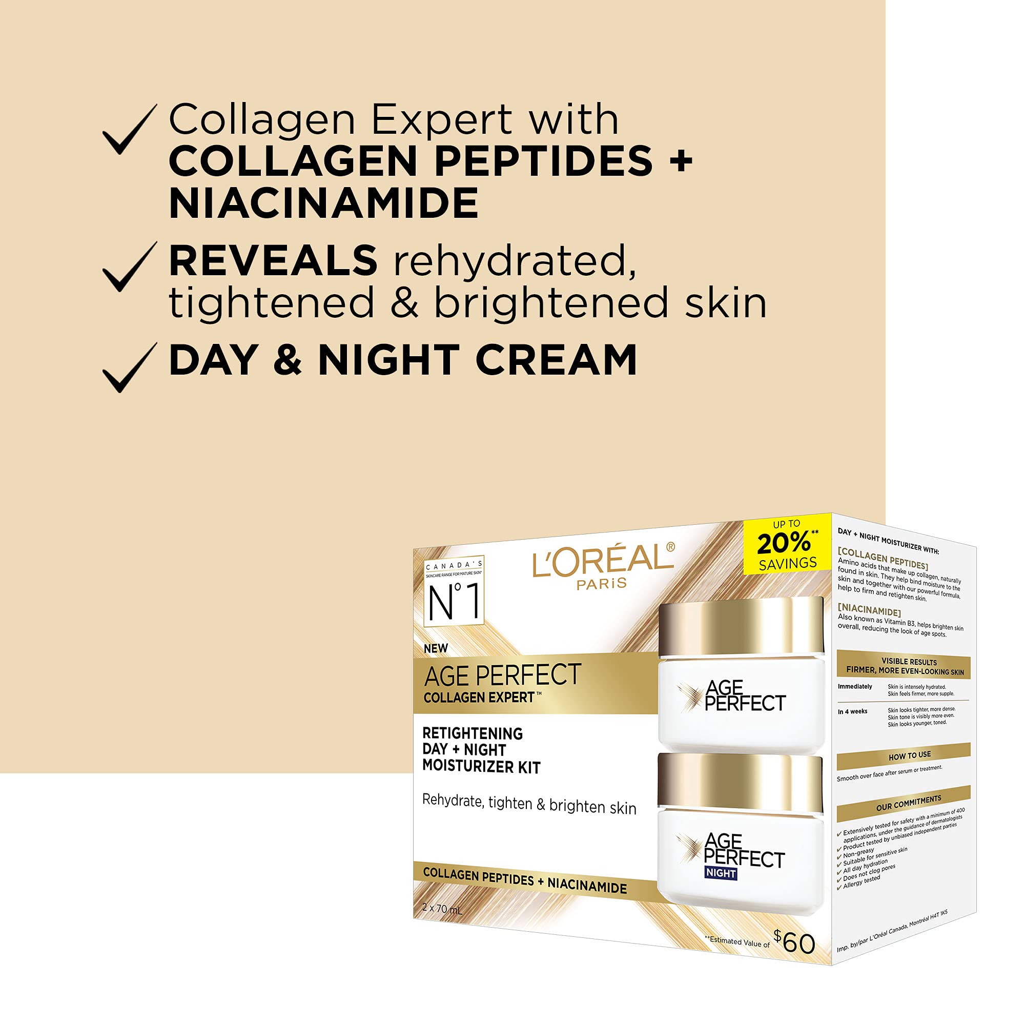 L'Oréal Paris Day & Night Face Moisturizer Cream Skincare Kit (2-Piece), Age Perfect Collagen Expert, with Collagen Peptides + Niacinamides, For Mature Skin, Suitable for Sensitive Skin Skincare kit, 2 x 70 ml 🍁 All In One Marketplace Canada