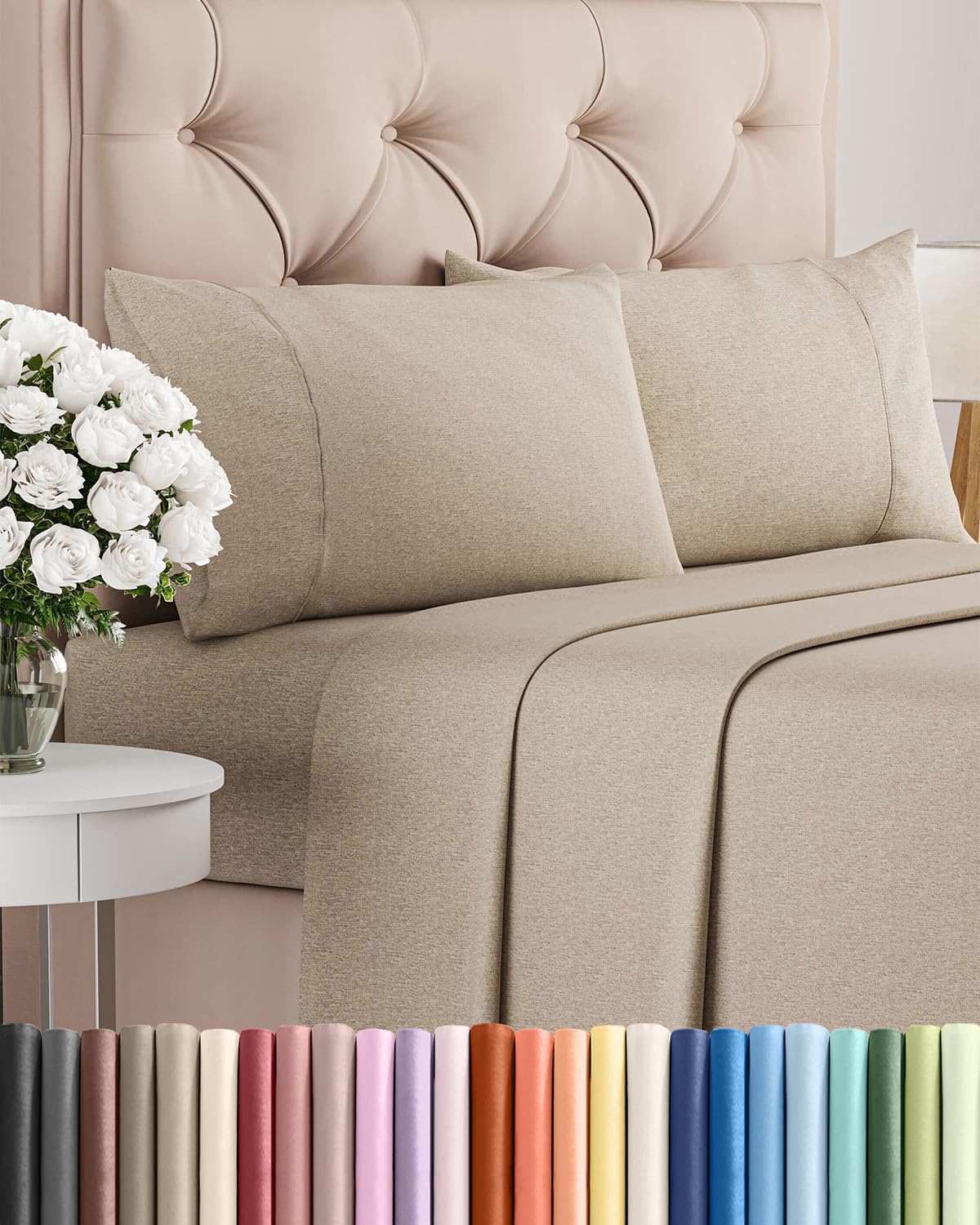 Queen Size 4 Piece Sheet Set - Comfy Breathable & Cooling Sheets - Hotel Luxury Bed Sheets for Women & Men - Deep Pockets, Easy-Fit, Soft & Wrinkle Free Sheets - Heathered Beige Oeko-Tex Bed Sheet Set 🍁 All In One Marketplace Canada