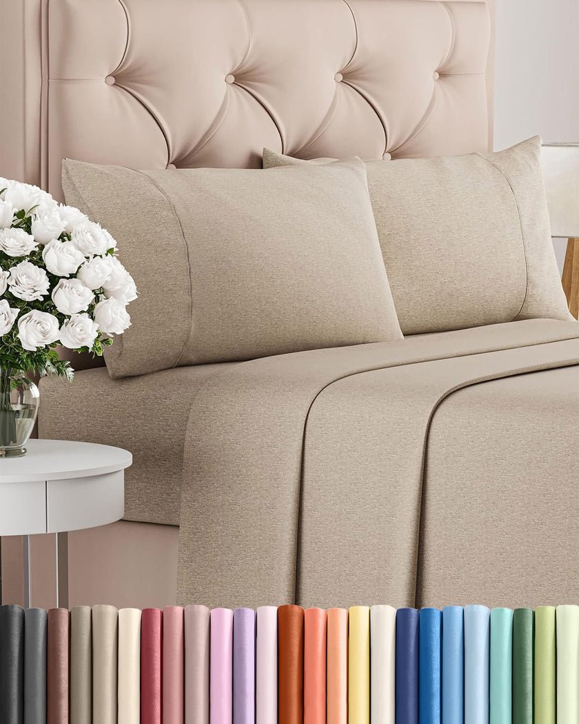 Queen Size 4 Piece Sheet Set - Comfy Breathable & Cooling Sheets - Hotel Luxury Bed Sheets for Women & Men - Deep Pockets, Easy-Fit, Soft & Wrinkle Free Sheets - Heathered Beige Oeko-Tex Bed Sheet Set 🍁 All In One Marketplace Canada