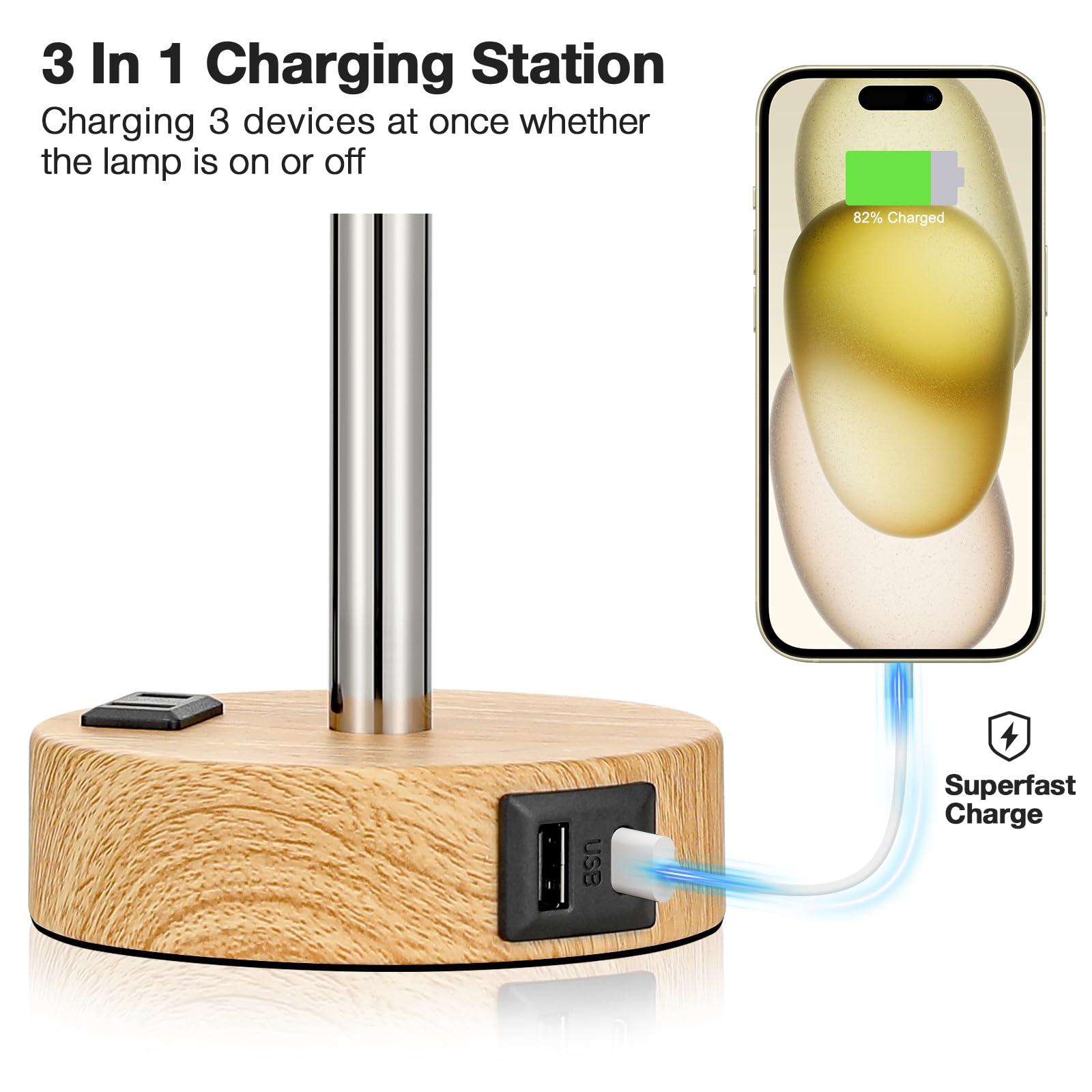 Fenmzee Bedside Table Lamp for Bedroom - 3 Way Dimmable Touch Lamp USB C Charging Ports and AC Outlet, Small Lamp Wood Base Round Flaxen Fabric Shade for Living Room, Desk, LED Bulb Included 🍁 All In One Marketplace Canada
